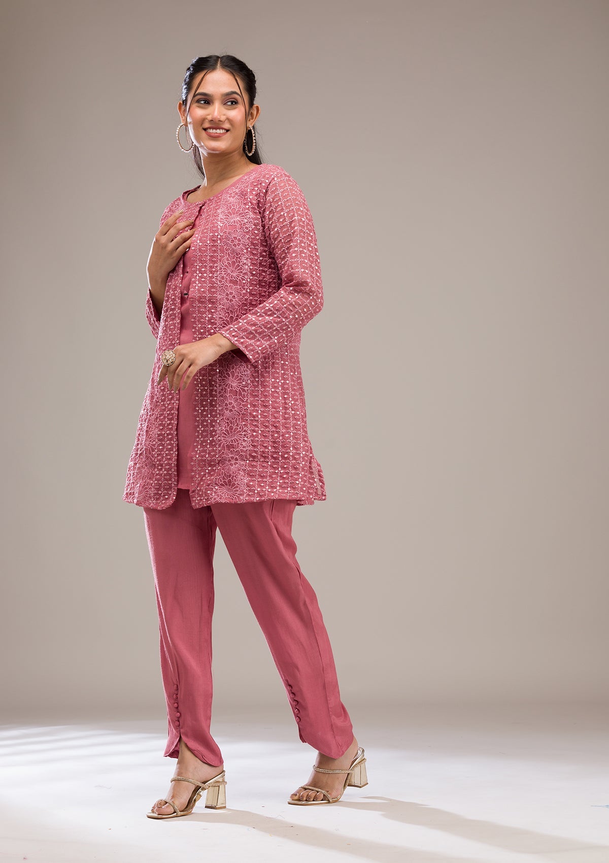 Koskii Onion Pink Threadwork Georgette Readymade Salwar Suit - view 3