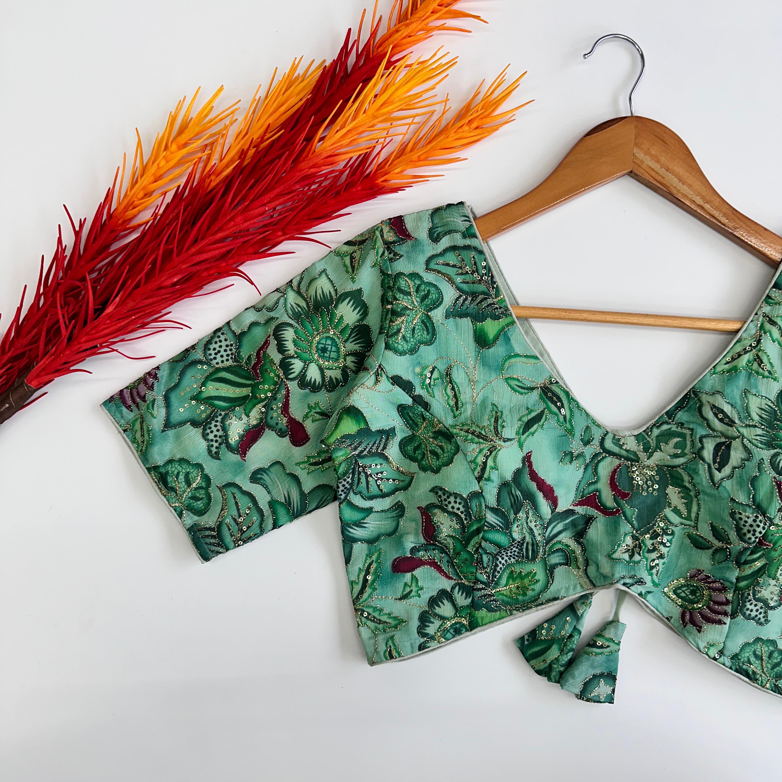ClothsVilla Green Elegant Hand-Embroidered Tofu Silk Blouse with Sequins - view 2