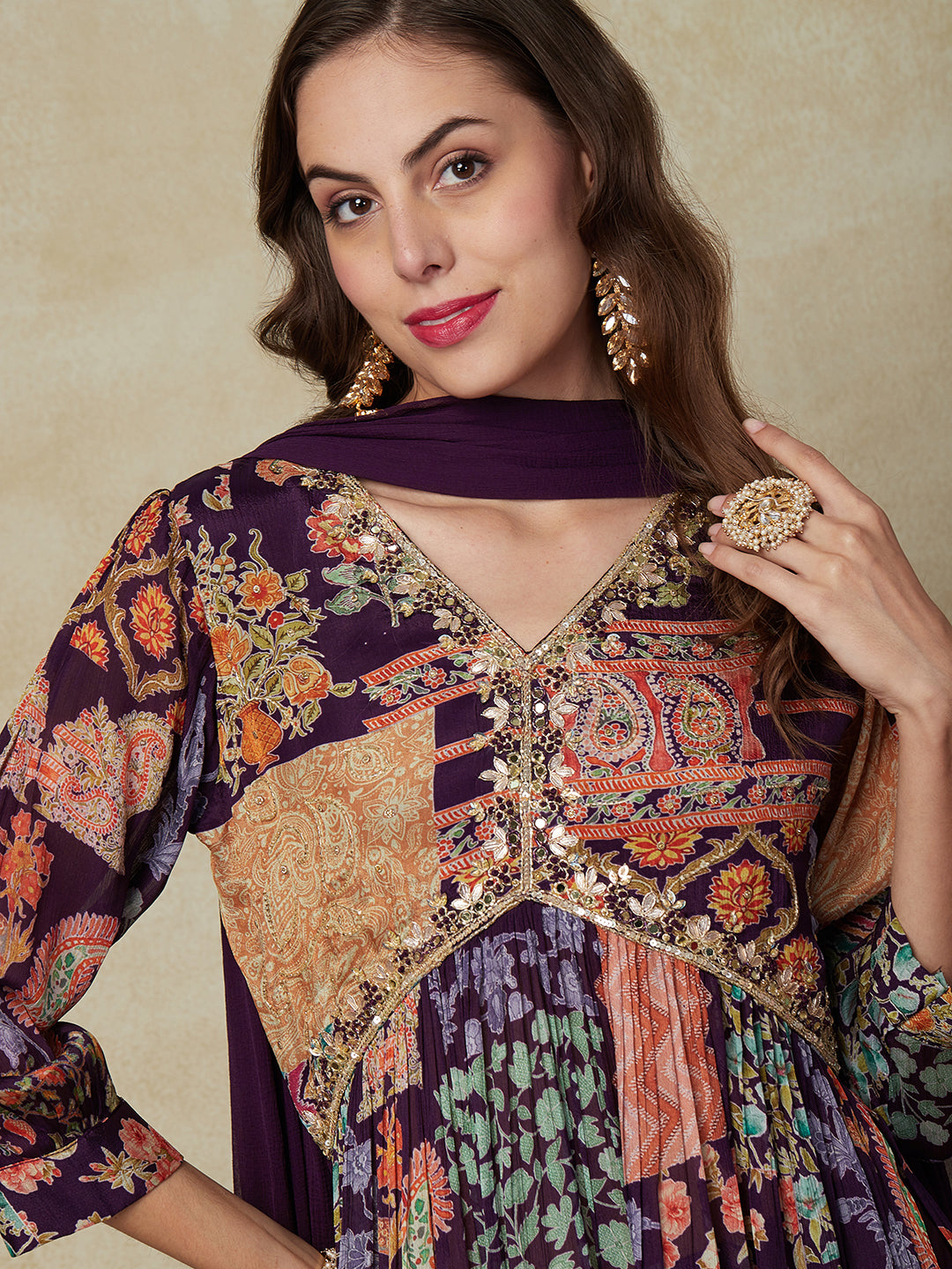 Fashor Multi Printed Gotapatti & Mirror Embroidered High Slit Kurta with Pants & Dupatta - Dark Mauve
