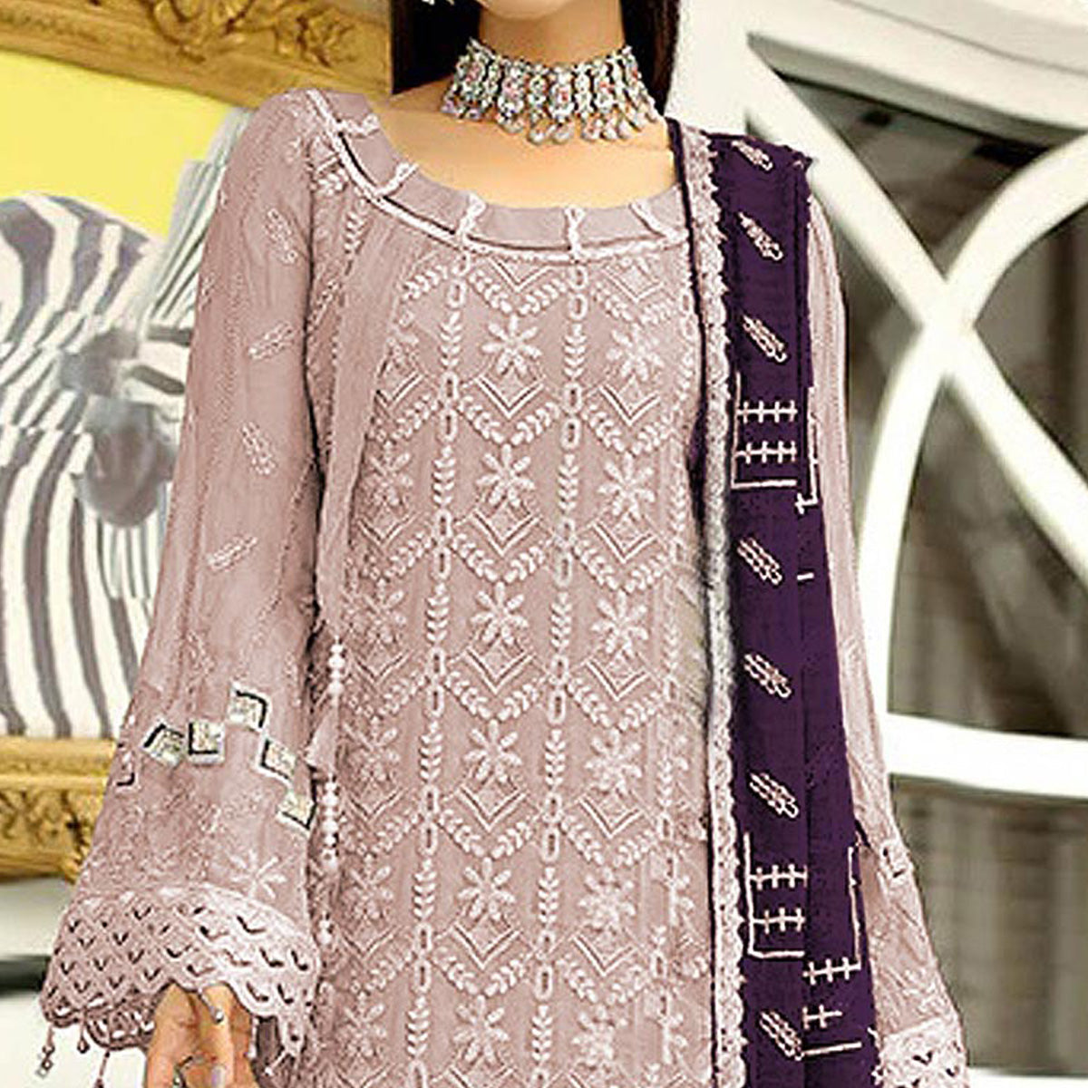 Peachmode Seller Mauve Floral Embroidered Georgette Pakistani Suit - view 2