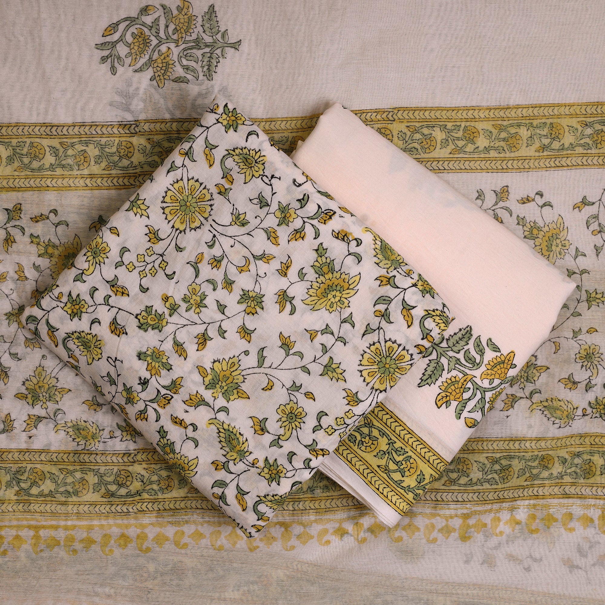 HAVELI CHRONICLES Beige - 3pc Sanganeri Block Printed Cotton Suit Material with Chanderi Silk Dupatta 03 - view 2
