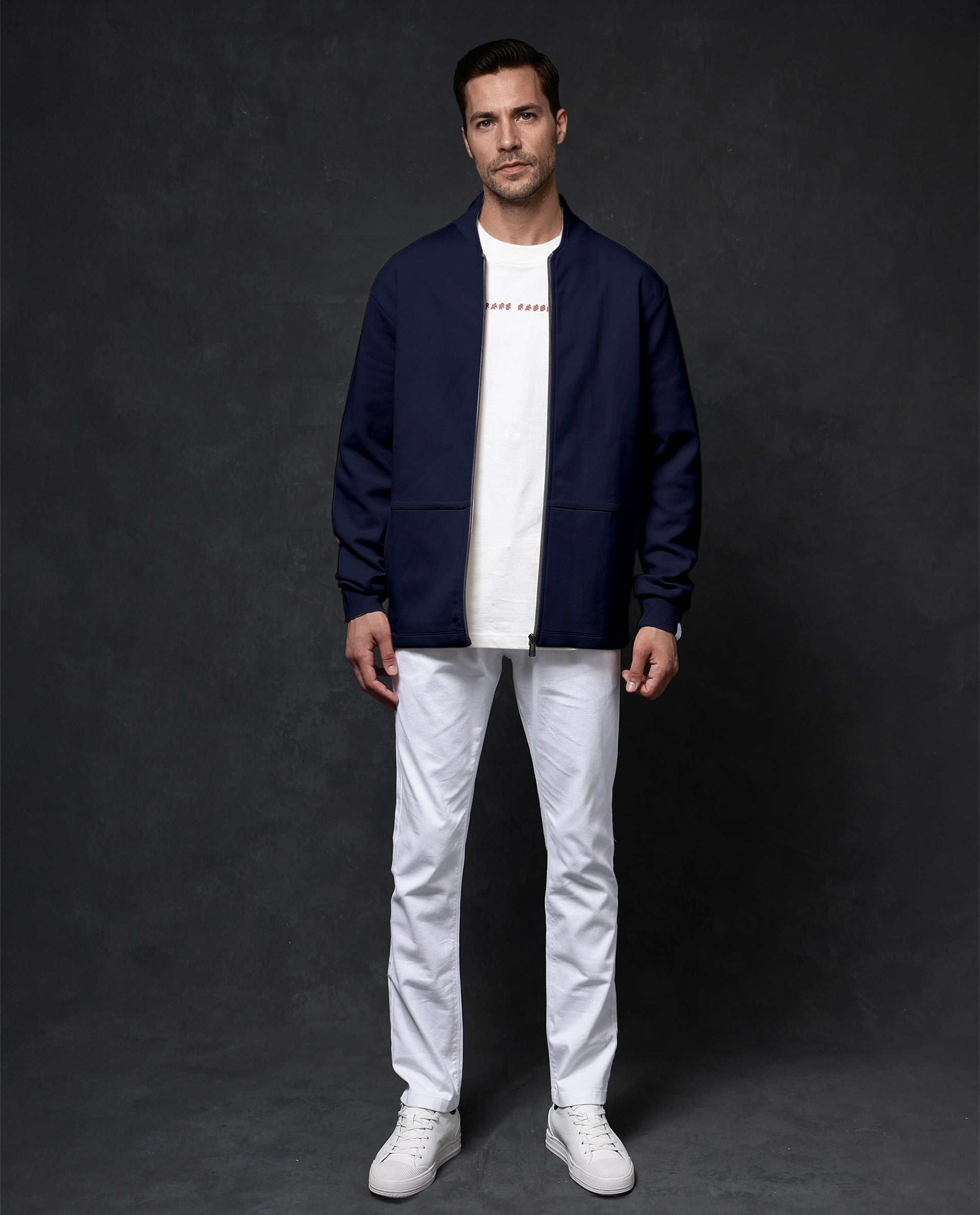 Rare Rabbit Men Kezi Navy Cotton Poly Fabric Full Sleeve Hooded Zip Closure Slim Fit Plain Sweatshirt - view 2