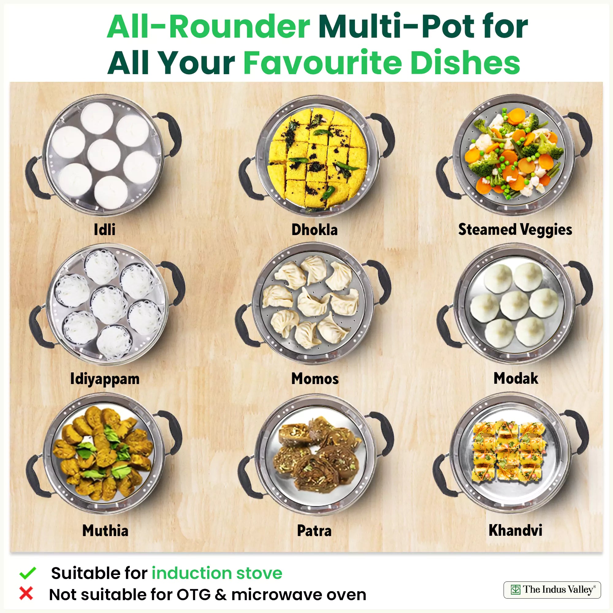 The Indus Valley Tri-Steel Premium Stainless Steel Idli/ Dhokla/ Momo Maker/ Multi Pot/ Veg Steaming Set, Tri-ply Induction Bottom, 7 pit, 5 Plates, 4 - view 2