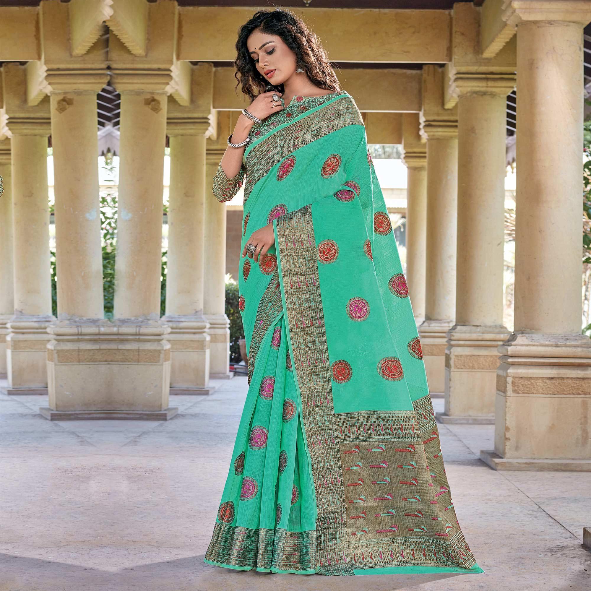 Peachmode Intricate Green Coloured Festive Wear Woven Cotton Handloom Saree