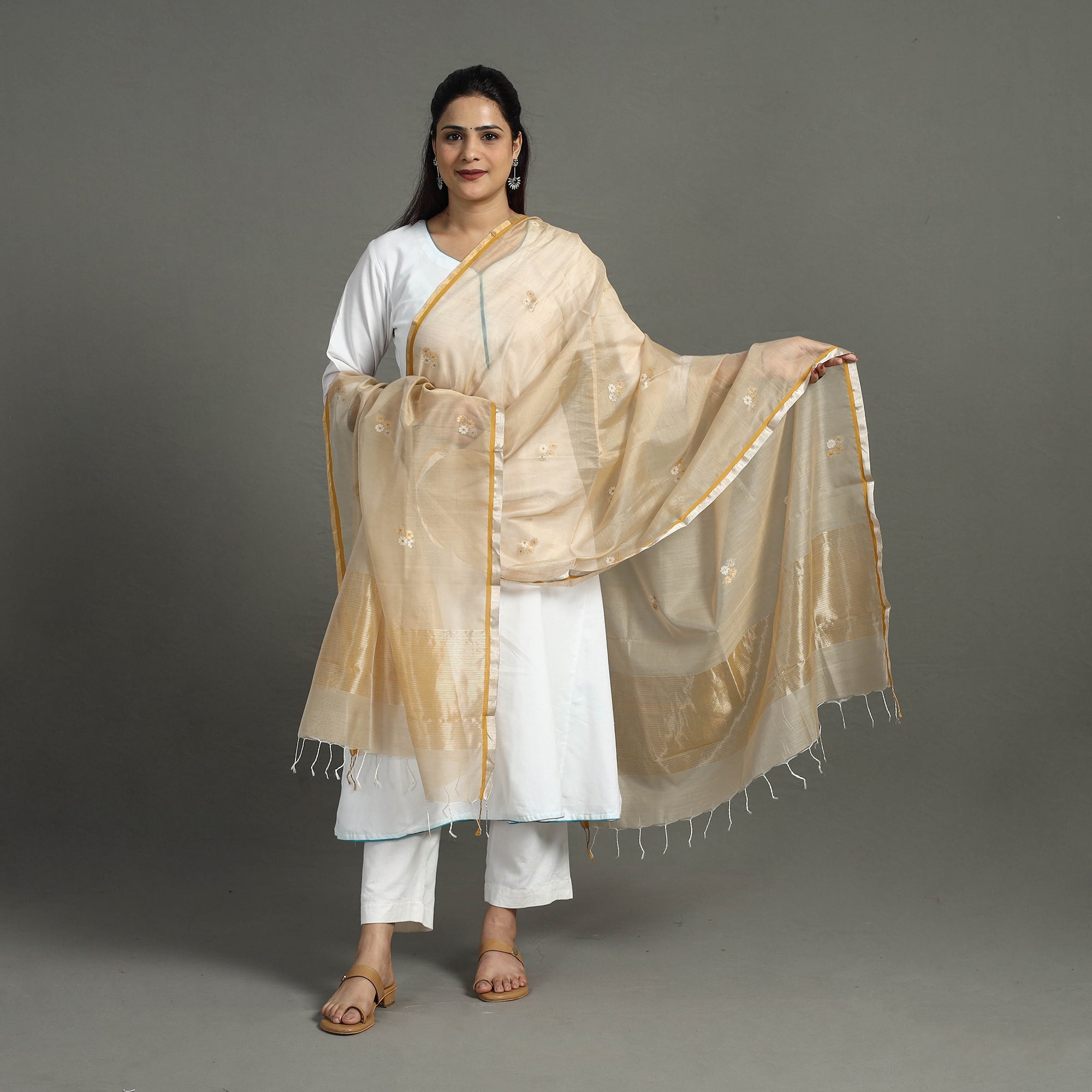 CHANDERI BY RAUPH KHAN Brown - Handloom Silk Cotton Thread & Zari Buti Chanderi Dupatta 20 - view 2