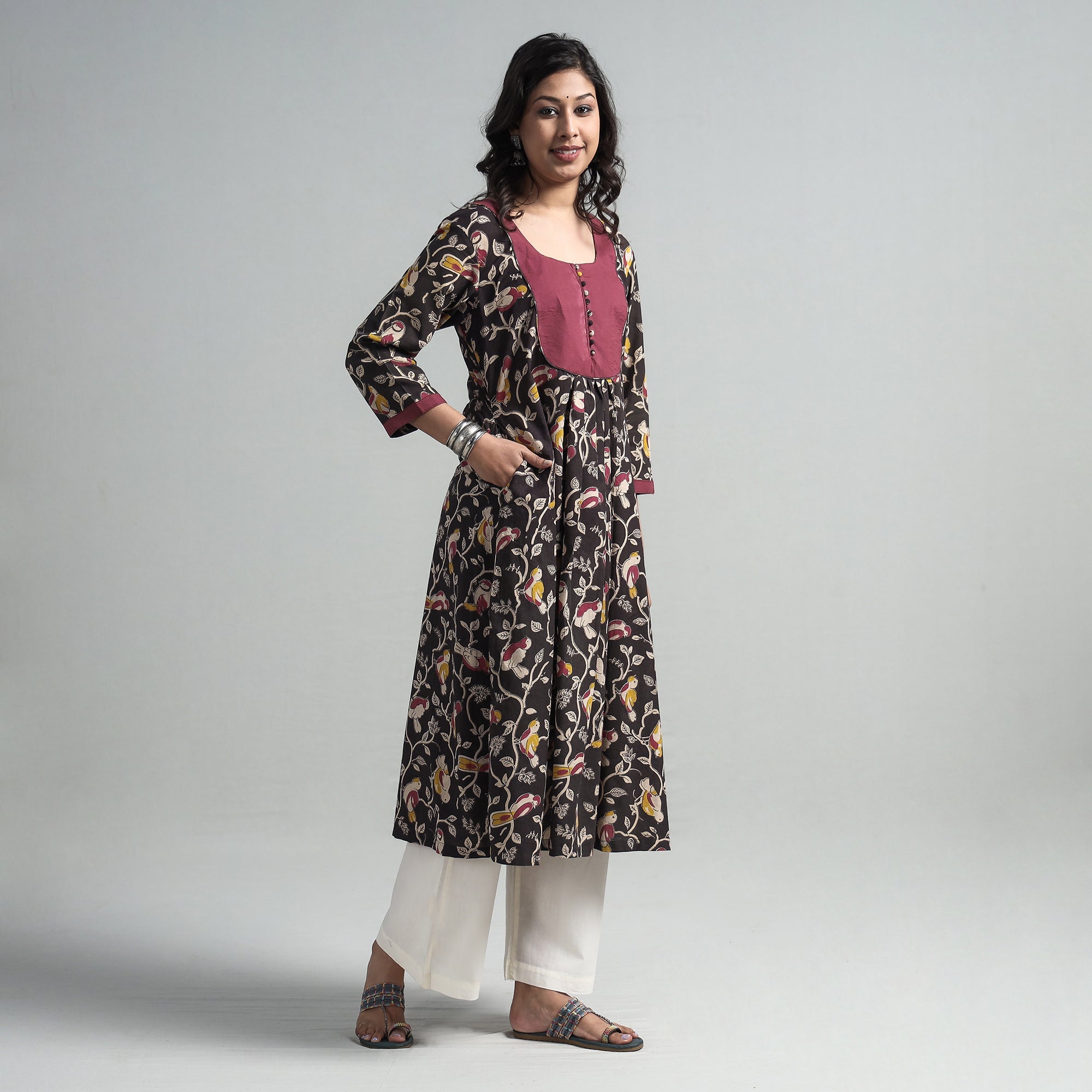 ITOKRI CASUALS Black - Kalamkari Printed Cotton A-Line Long Kurta with Patchwork - view 2