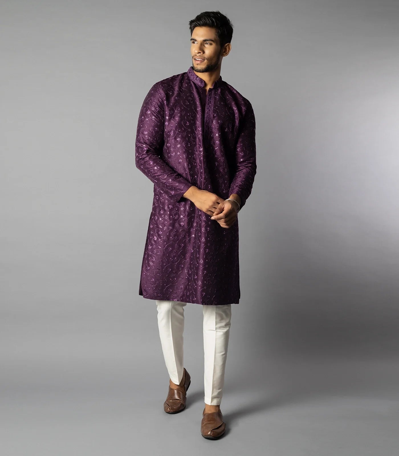 RmKV Royal Violet Tonal Embroidered Kurta With White Straight Fit Pants-Violet - view 2