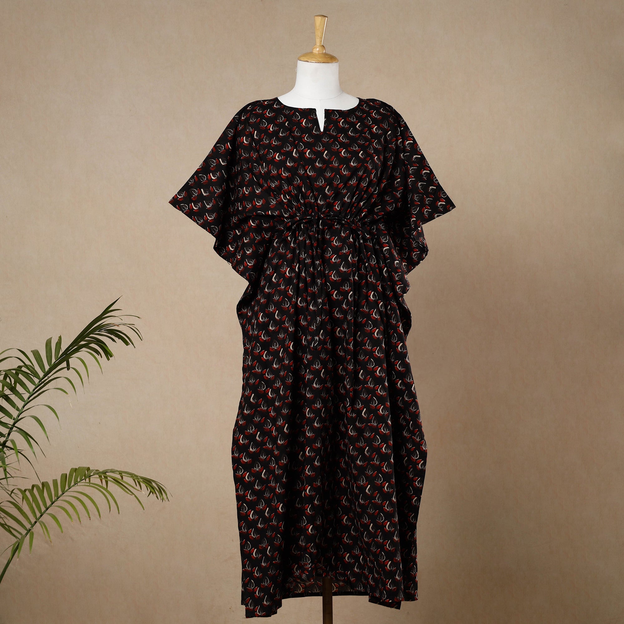 CHUTNEY CRAFT STUDIO Black - Hand Block Printed Cotton Kaftan with Tie-Up Waist (Long)