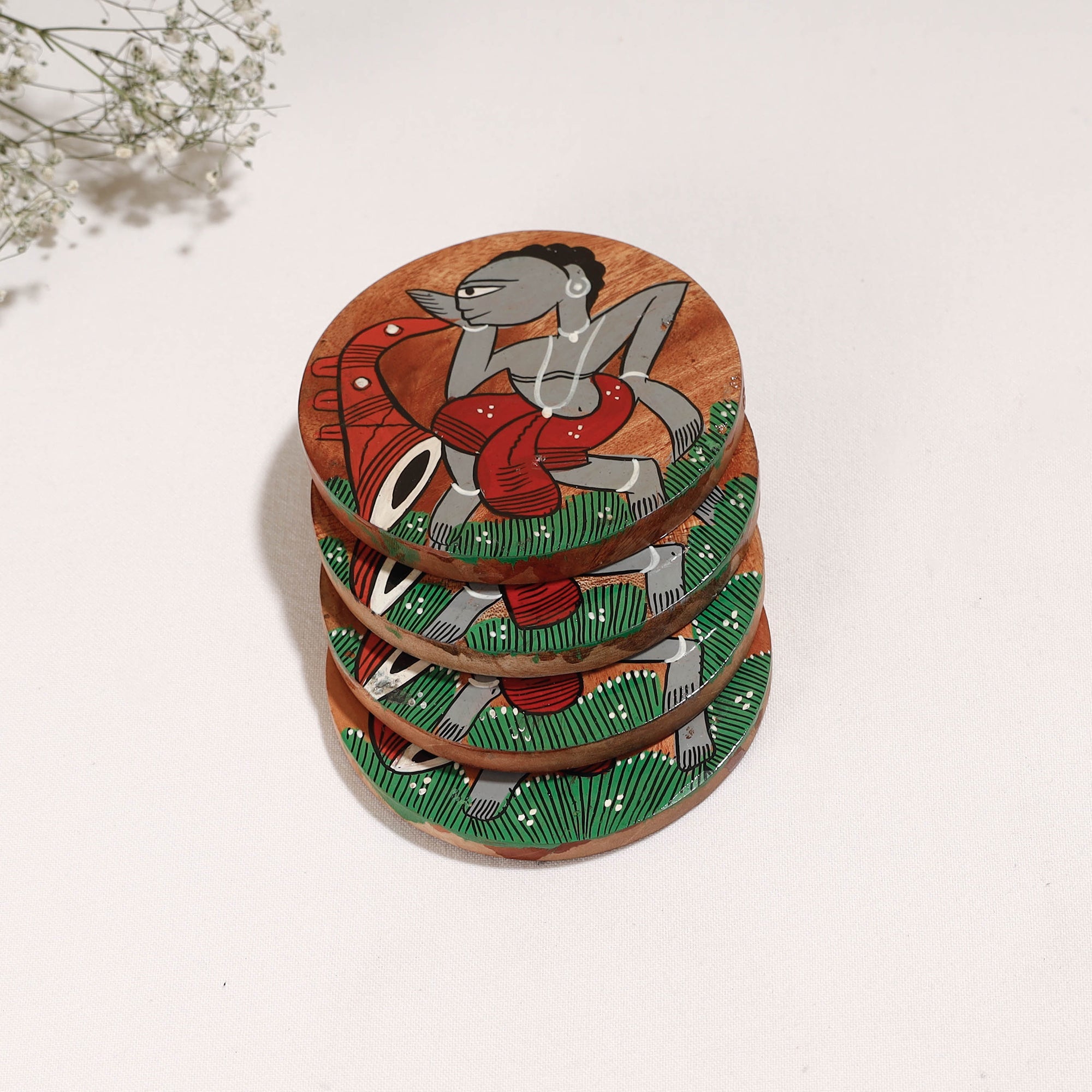 ITOKRI CRAFTS INITIATIVE Bengal Patua Handpainted Akashmoni Wooden Coasters (Set of 4) - view 2