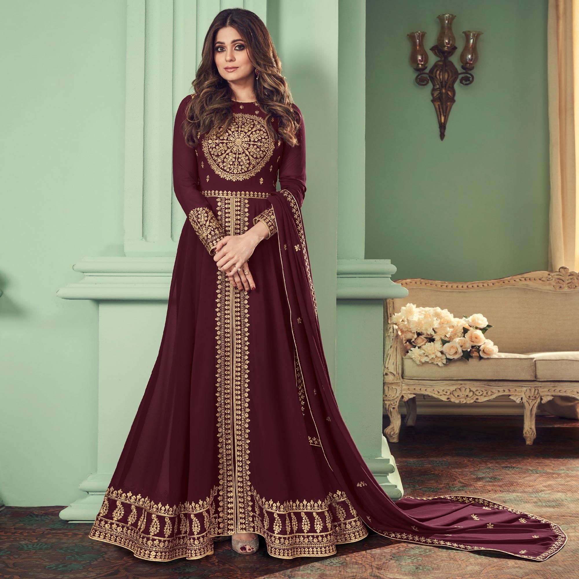 Peachmode Seller Brown Partywear Embroidered Georgette Gown