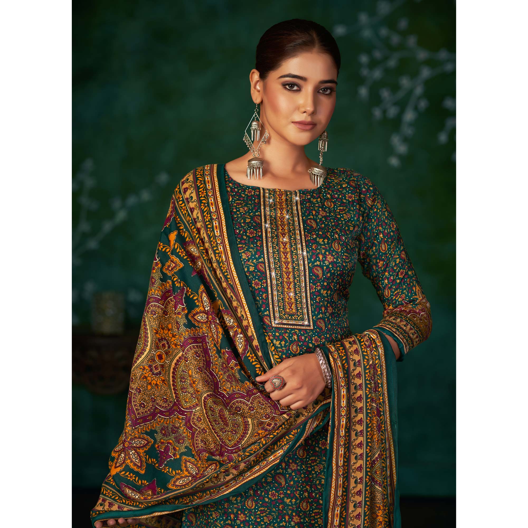 Peachmode Morpich Floral Printed With Swarovski Work Pashmina Suit - view 4
