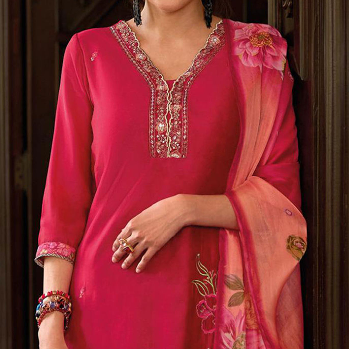 Peachmode Pink Floral Handwork Embroidered Viscose Salwar Suit - view 3