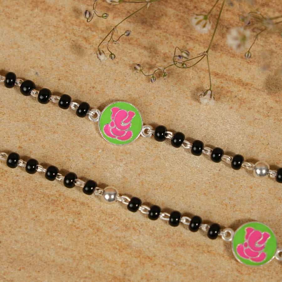 Prinjal Jewellers Real black beads pink Ganesh silver nazariya for kids