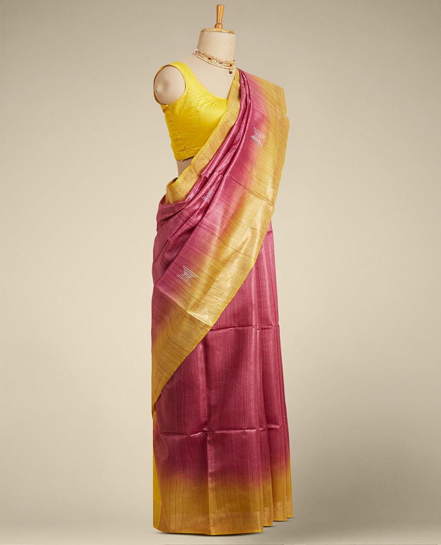 Pothys Red geometric motifs tusser silk saree with contrast plain border - view 2