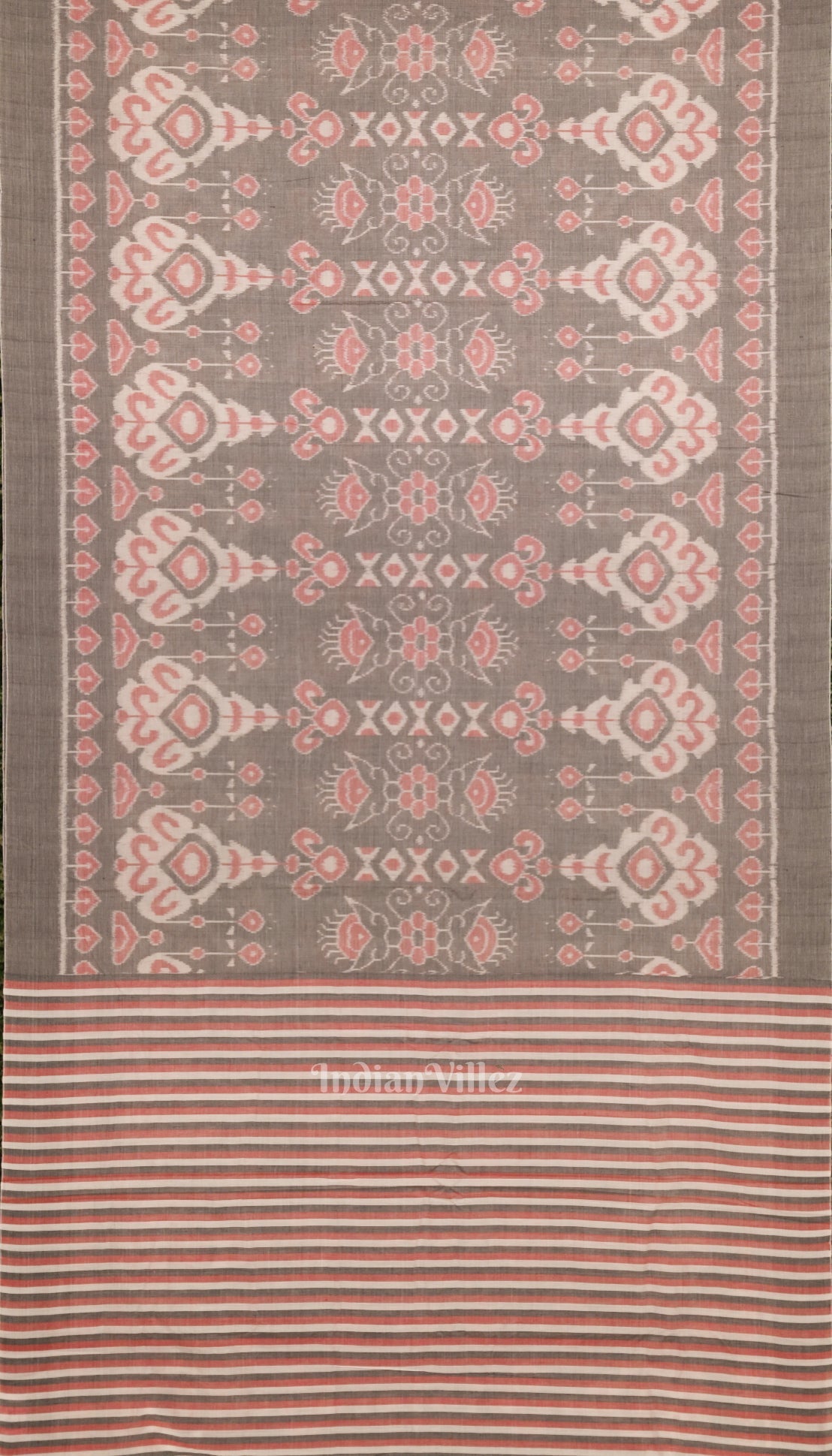IndianVillèz Cement Gray Dark Floral Theme Sambalpuri Pure Cotton Saree