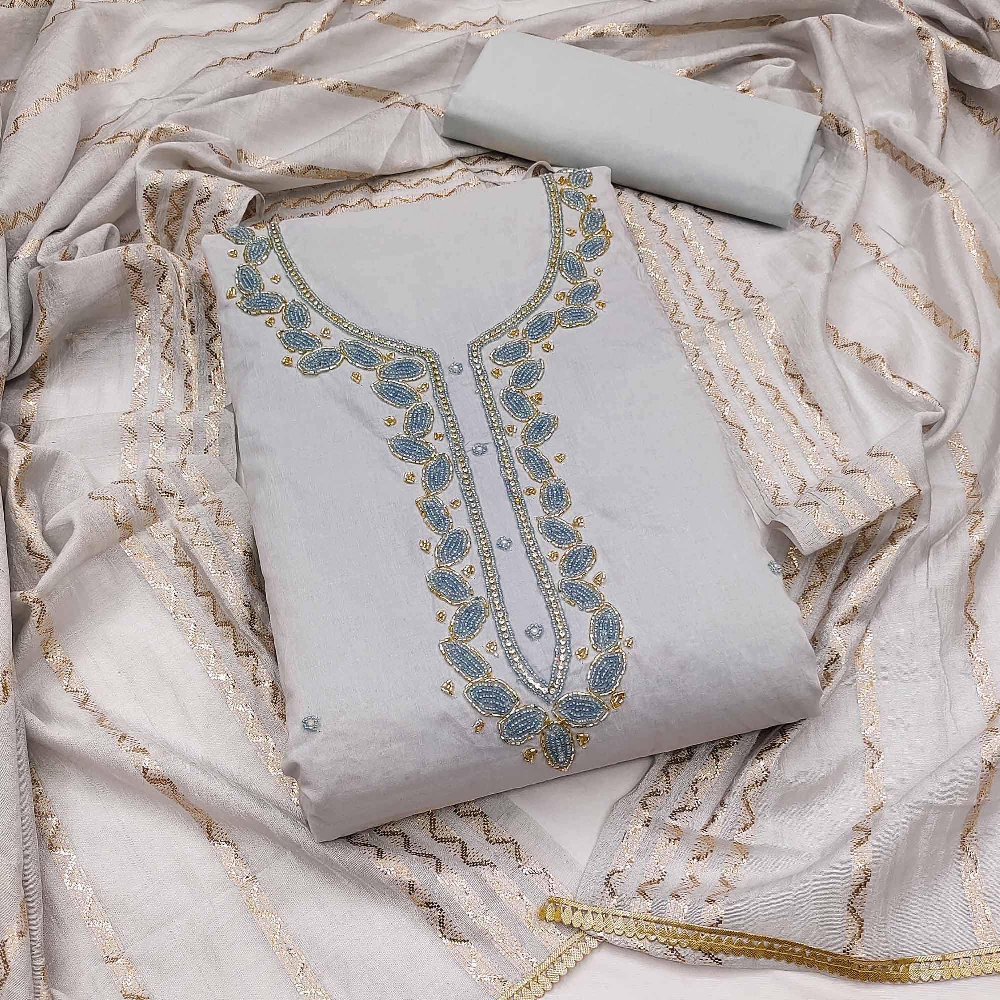 Peachmode Grey Zardosi Moti Work Pure Cotton Dress Material