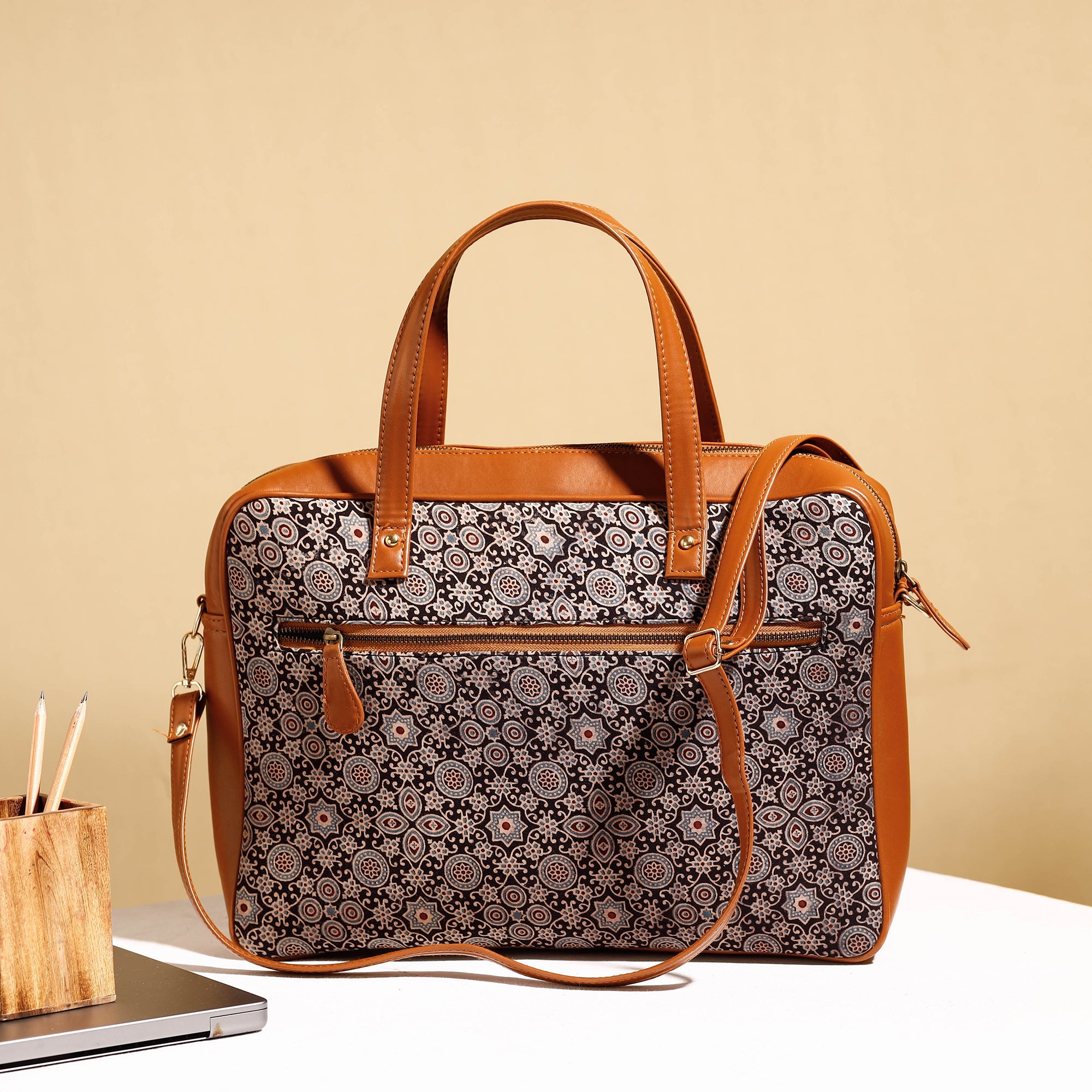 ITOKRI CRAFTS INITIATIVE Black - Handcrafted Ajrakh Block Printed Cotton Laptop Bag (15 x 13 in)