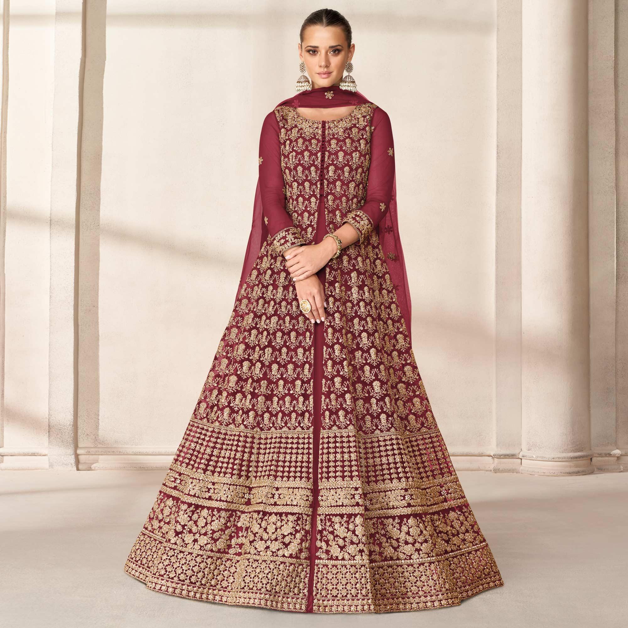 Peachmode Seller Maroon Floral Embroidered Net Anarkali Style Gown - view 2