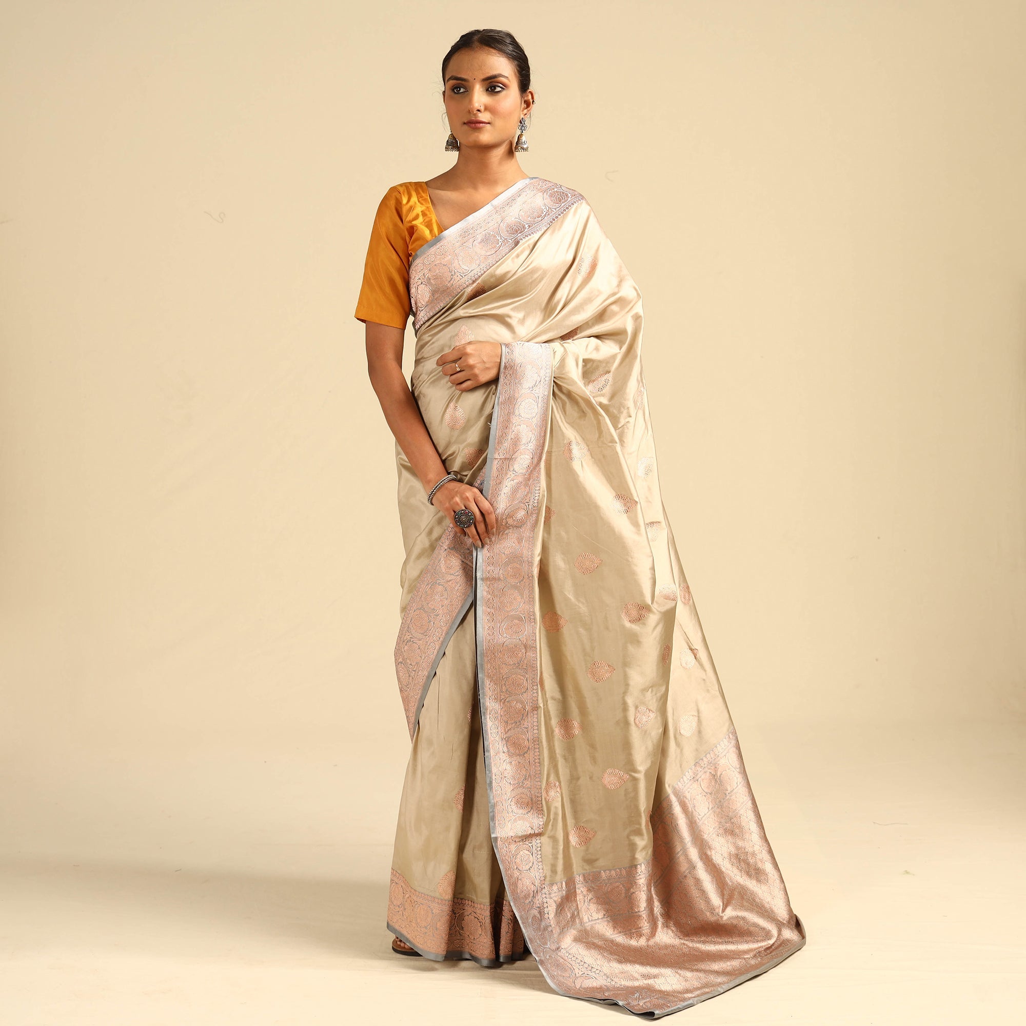 ITOKRI CRAFTS INITIATIVE Beige - Banarasi Handloom Pure Katan Silk Kaduwa Zari Buti Saree