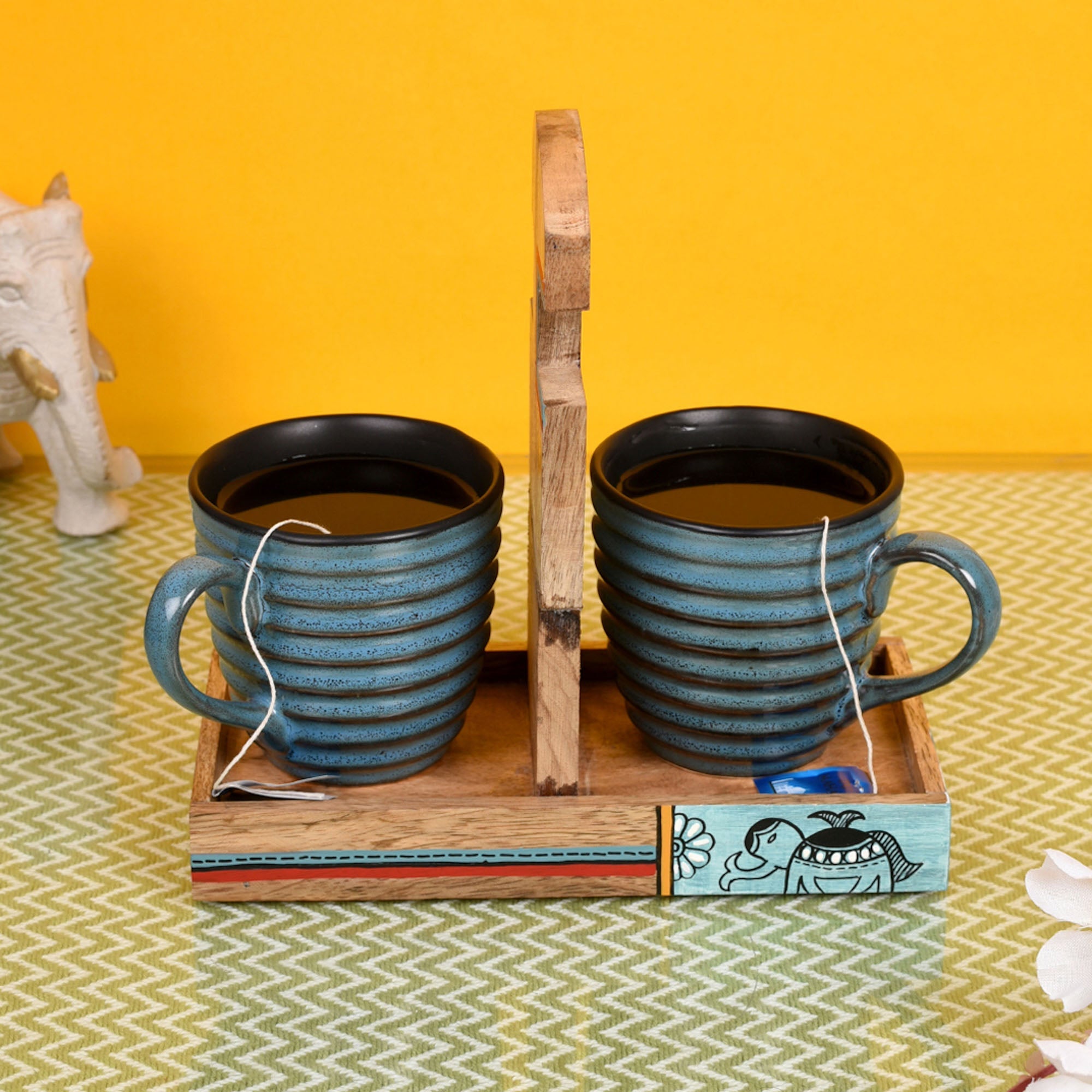 Handcrafted 2 mugs – ART CREATIONS BY SUMAN SONTHALIA Blue - Cup Holder Handcrafted & 2 Mugs (Set of 3) (7x3.3x7)