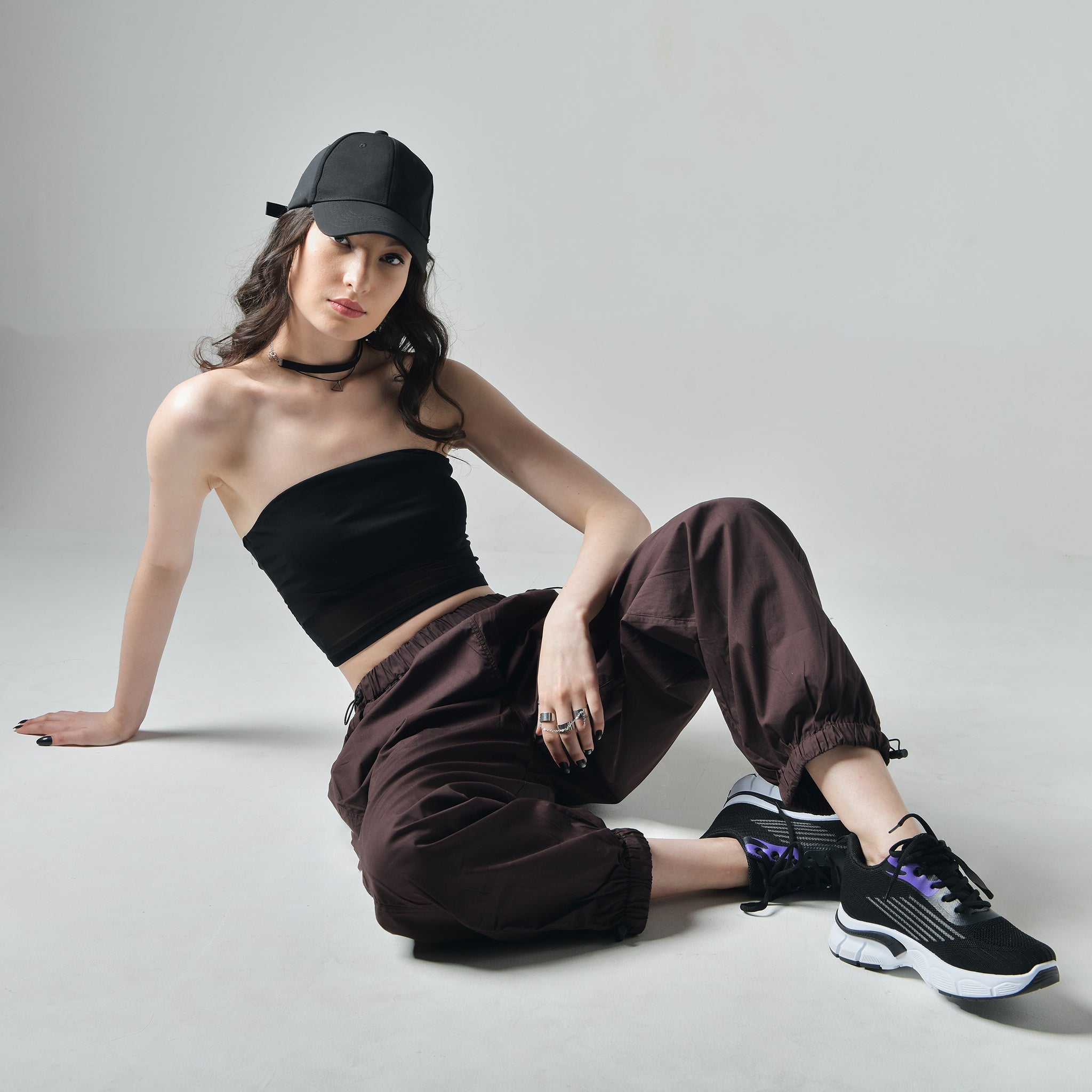 I Z F Black Tube Top & Brown Parachute Pants - view 3