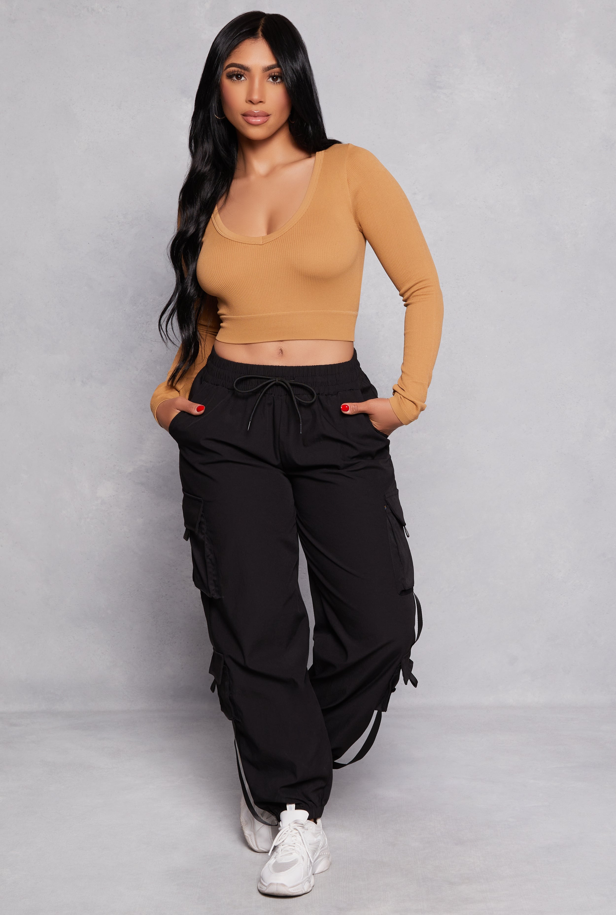 Rainbow Shops Poplin High Waisted Cargo Joggers