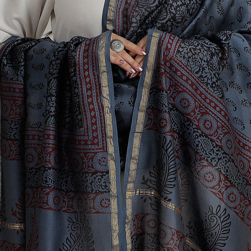 BAGH PRINTS BY YAKOOB KHATRI Blue - Block Printed Chanderi Silk Bagh Dupatta 35 - view 4