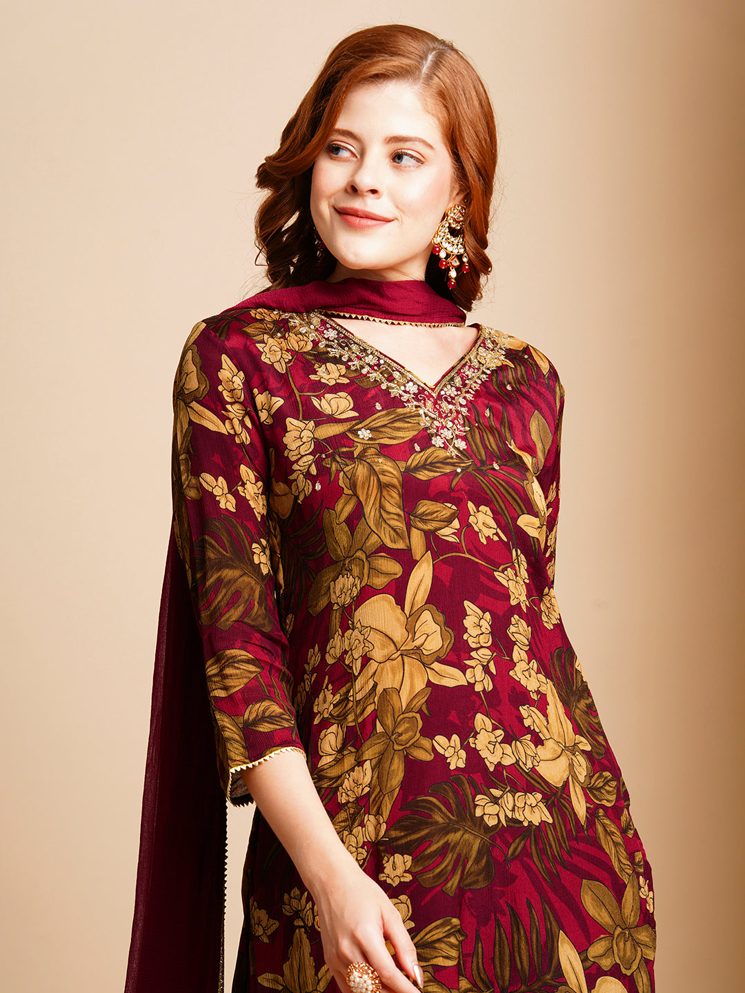 FASHOR Floral Printed & Hand Embroidered Kurta with Pant & Dupatta - Maroon