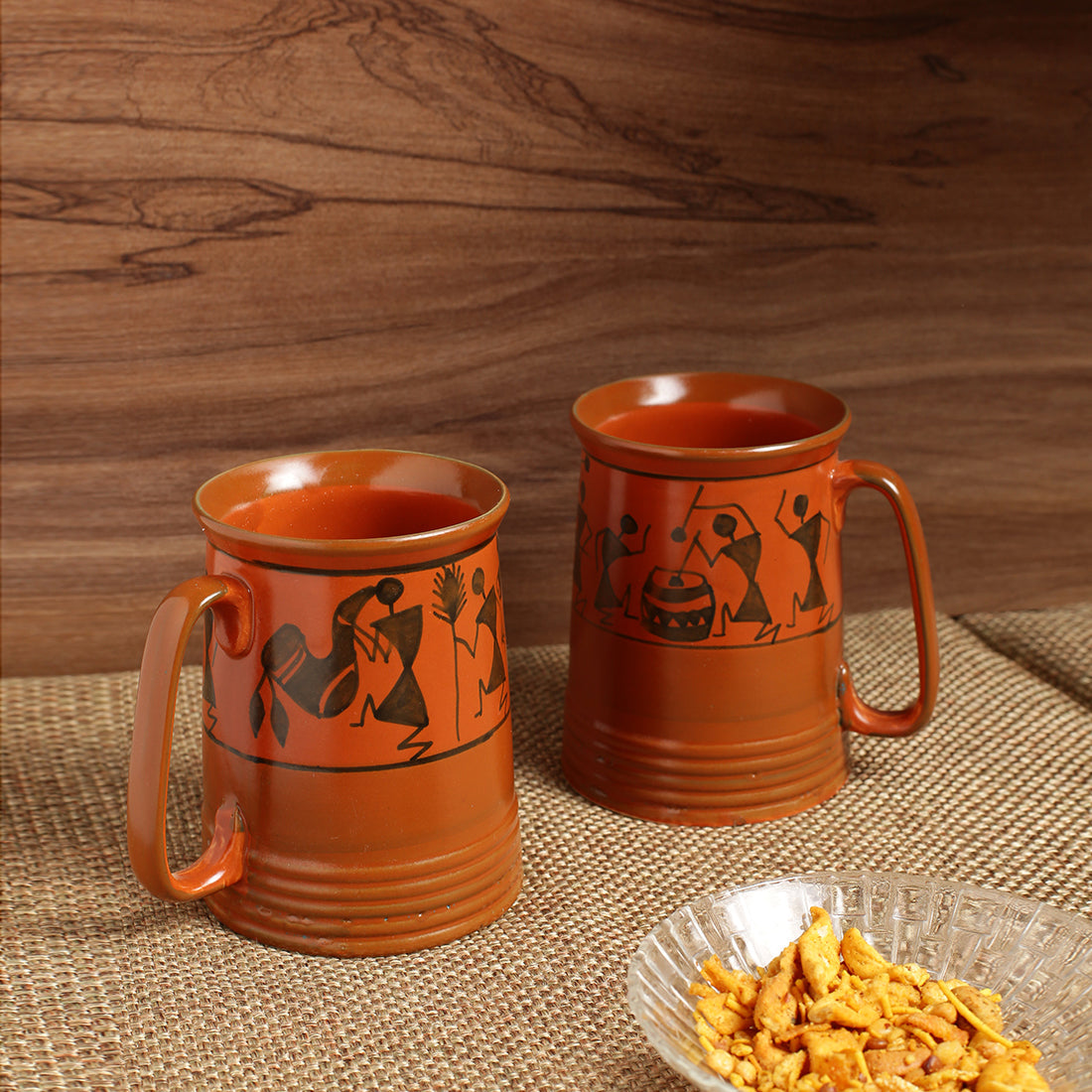 Beer milk mugs – EXCLUSIVELANE 'Two To Tango' Warli Handpainted Beer & Milk Mugs In Ceramic (Set Of 2)