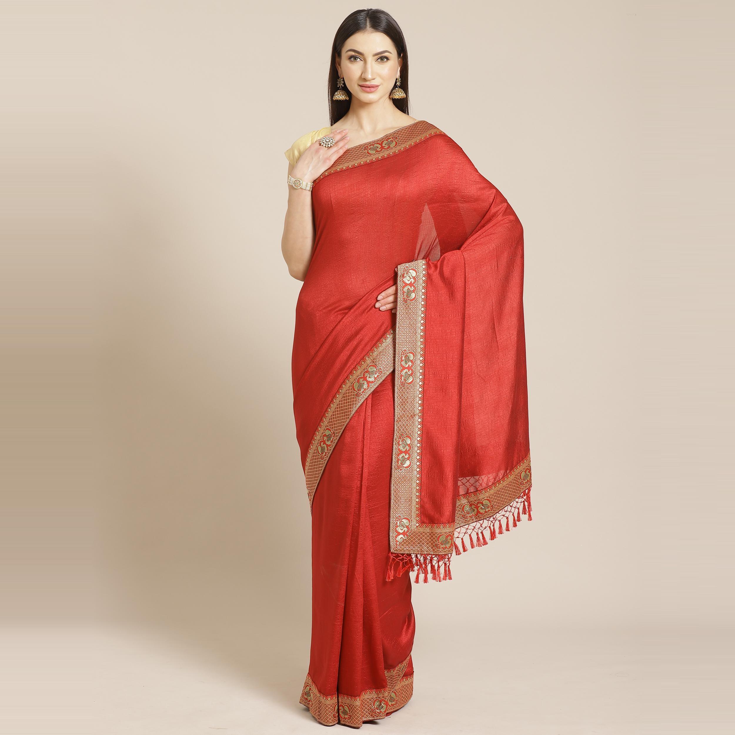 Peachmode Hypnotic Red Colored Festive Woven Silk Blend Saree