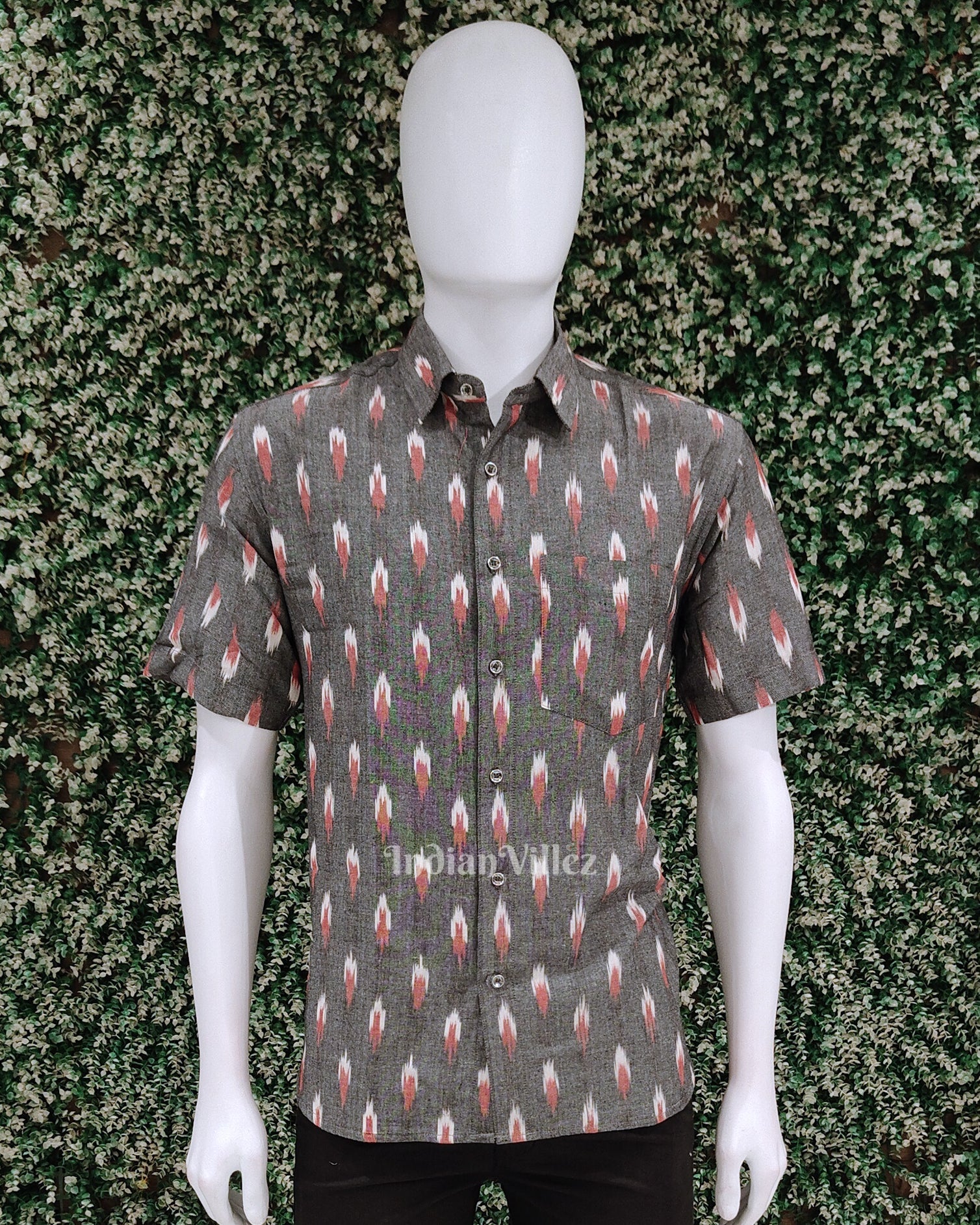 IndianVillèz Grey Tipa Design Odisha Ikat Cotton Half Sleeve Shirt for Men