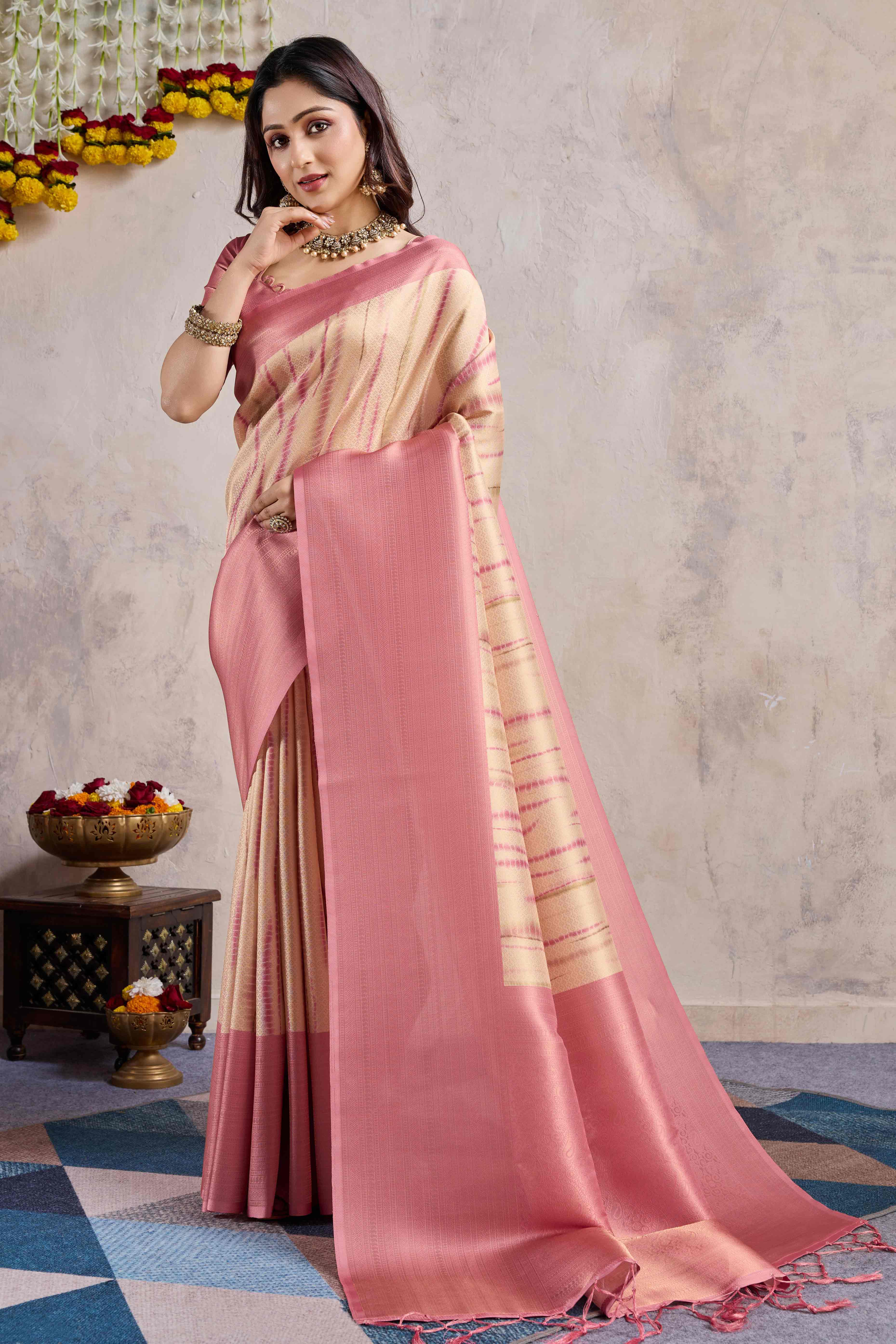 Peachmode Gajari Pink Woven With Digital Printed Banarasi Silk Saree