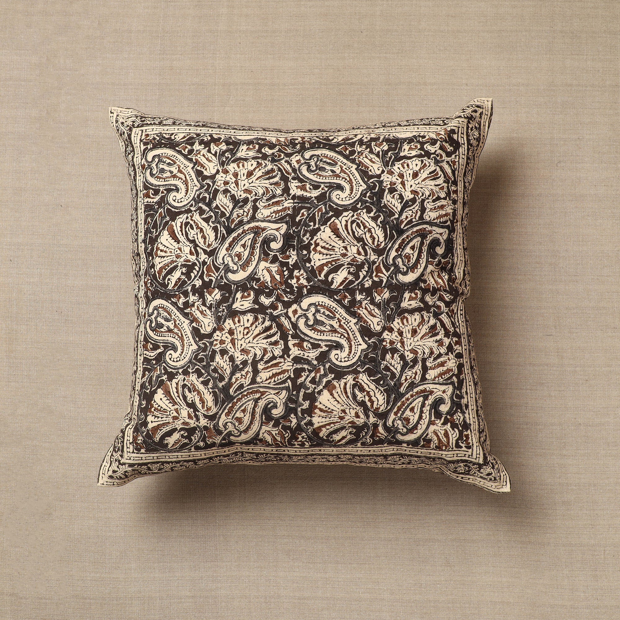 PITCHUKA SRINIVAS KALAMKARI PEDANA Brown - Original Pedana Block Print Cotton Kalamkari Cushion Cover 01