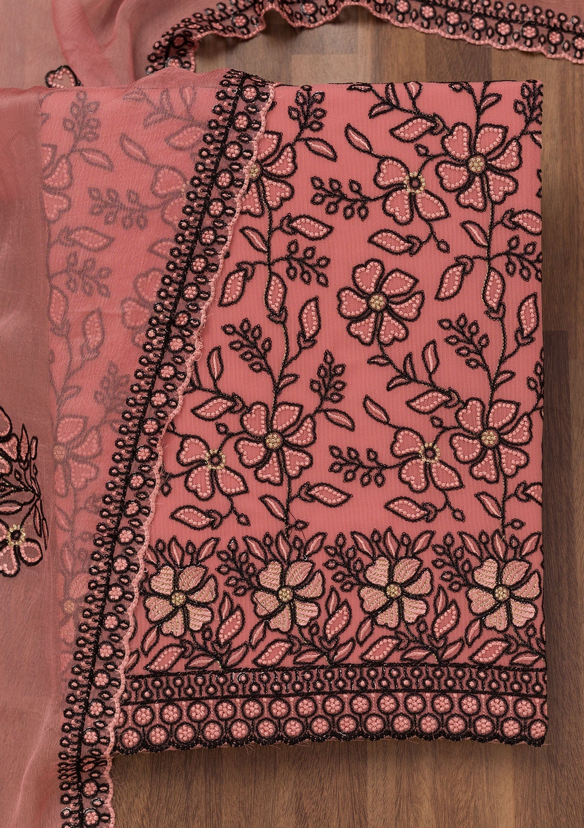 Koskii Peach Threadwork Georgette Unstitched Salwar Suit - view 5