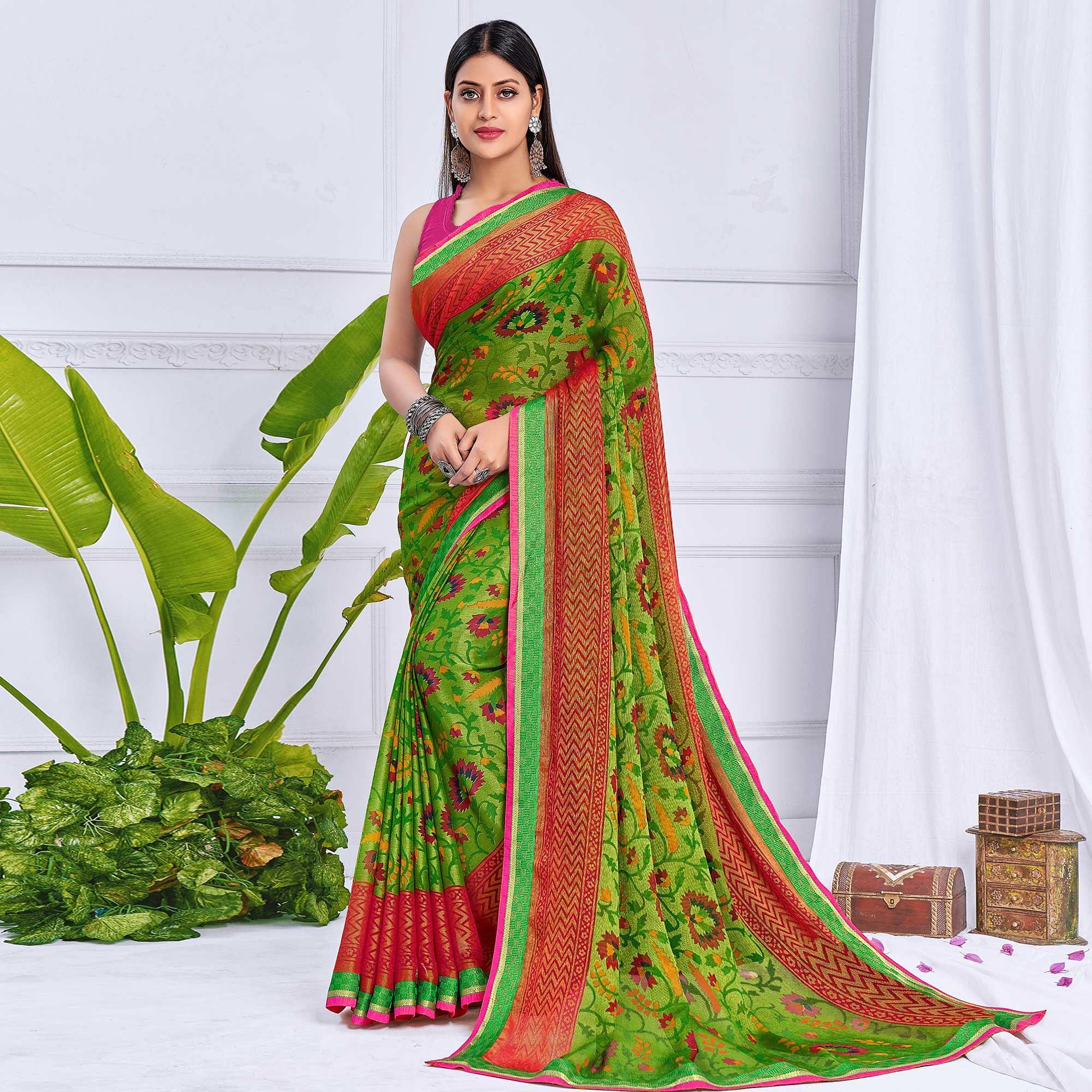Green sarees – BlackTree green-floral-printed-chiffon-saree-144343