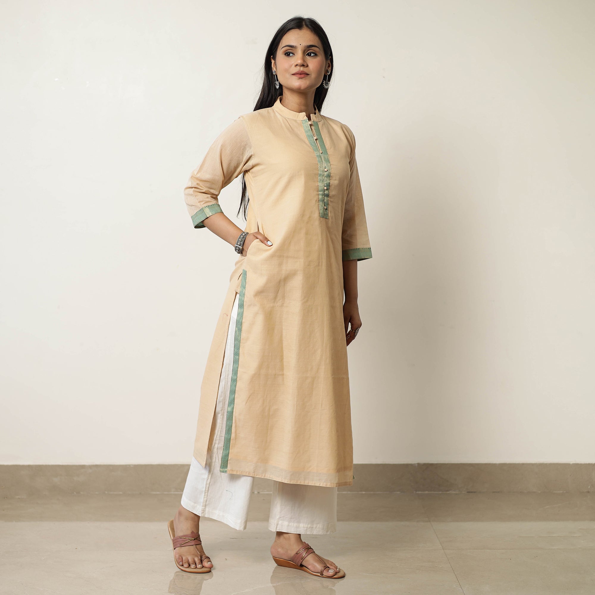 ITOKRI CASUALS Beige - Mangalagiri Handloom Cotton Straight Kurta 42 - view 3