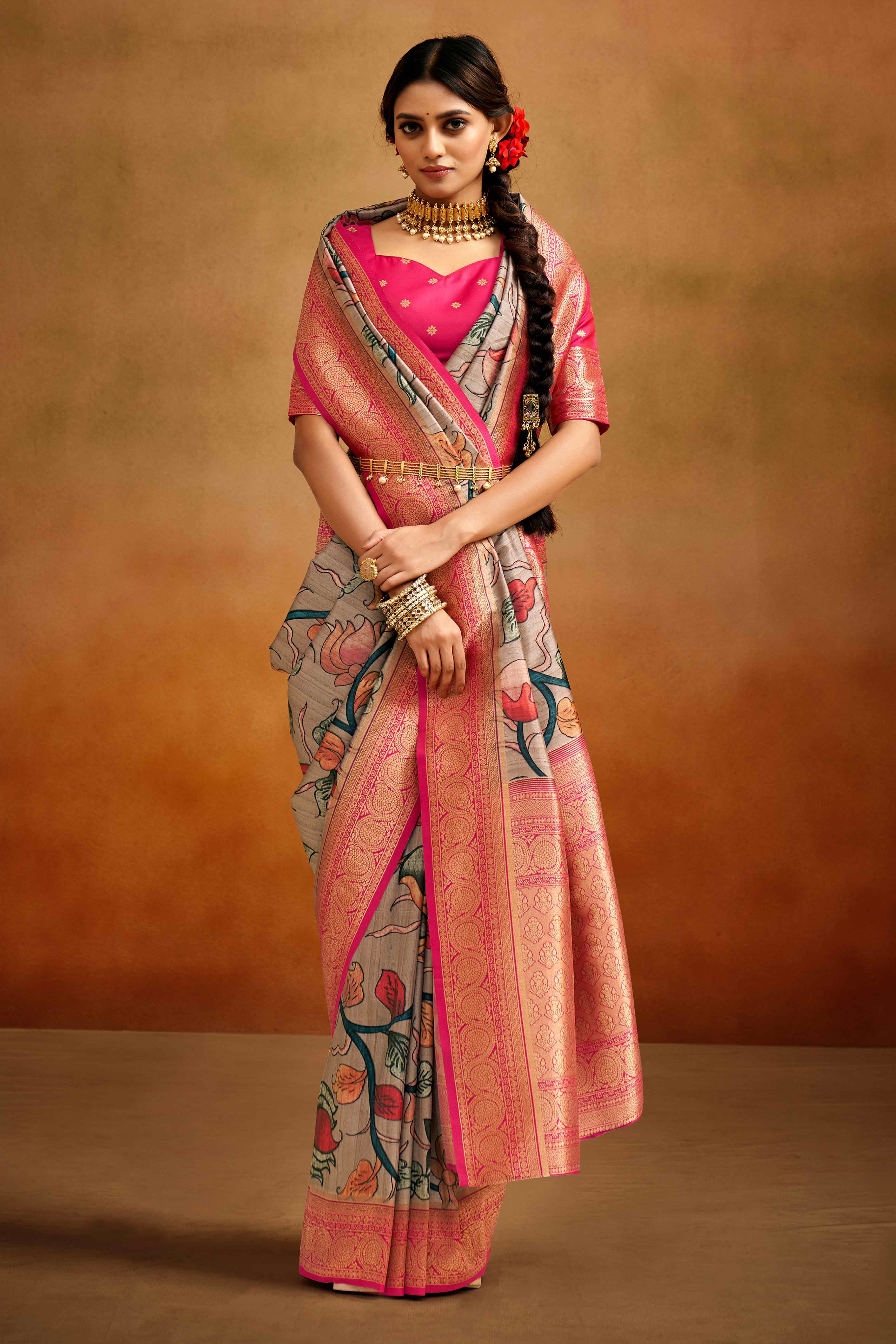 Peachmode Light Mauve Kalamkari Printed Tussar Silk Saree With Banarasi Border