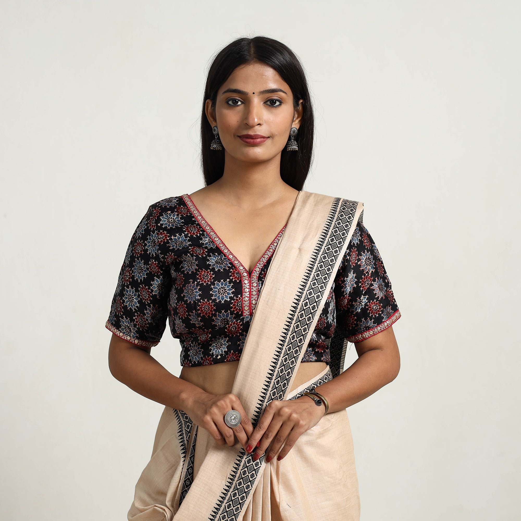 ITOKRI CASUALS Black - Modal Silk Block Print Stitched Ajrakh Blouse 07