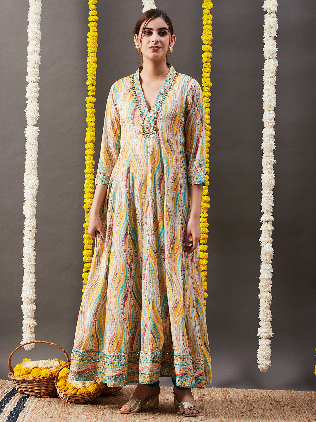 Fashor Abstract Printed Mirror, Zari & Coin Tikki Embroidered Mul-Cotton Maxi Dress - Multi & Yellow
