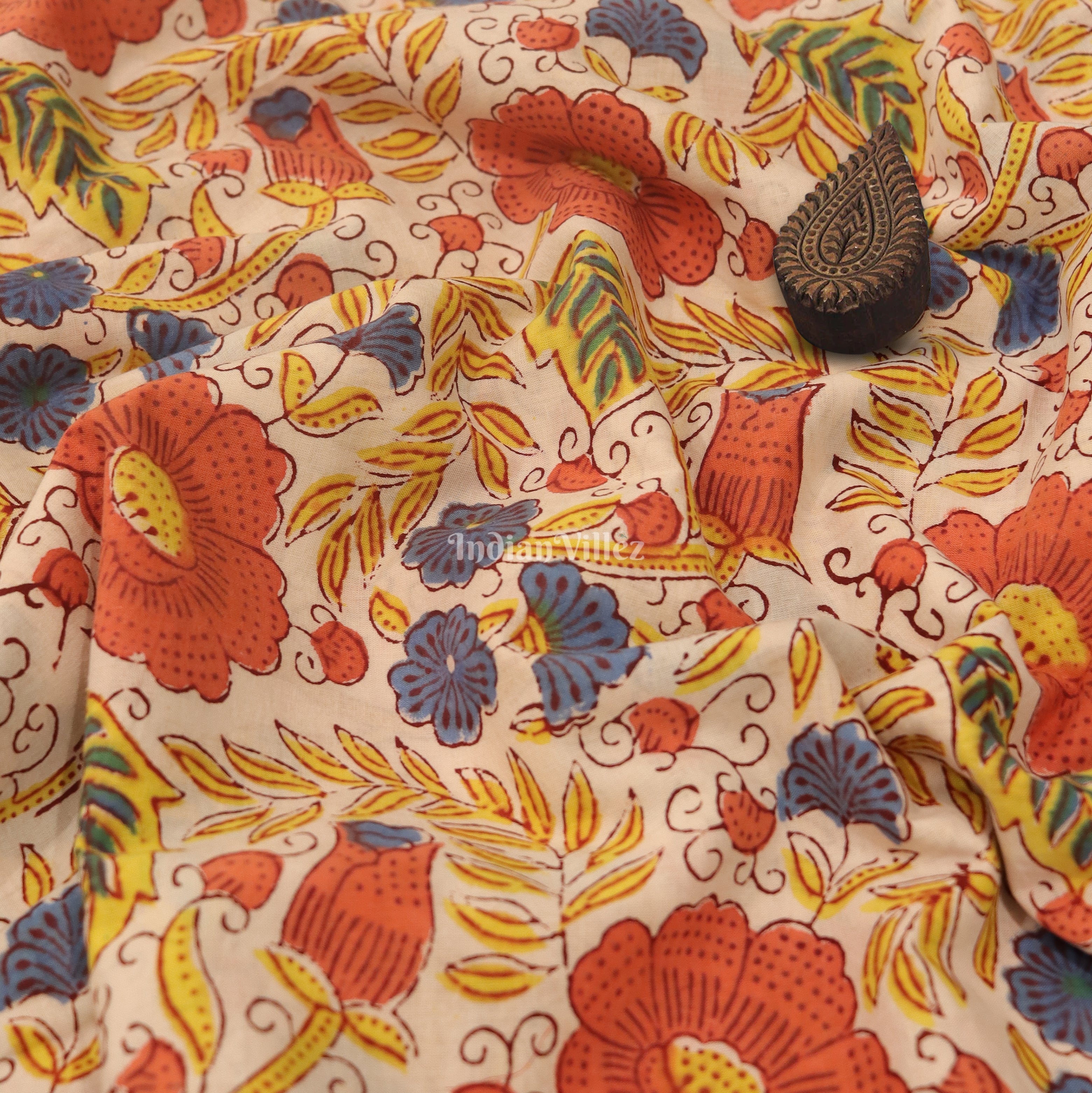 IndianVillèz Cream Color Flower Dali Theme Hand Block Printed Cotton Fabric