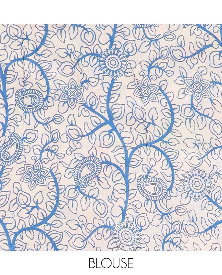 Pothys Cream floral machine-printed kalamkari cotton saree, contrast floral & chevron border & peacock pallu - view 2