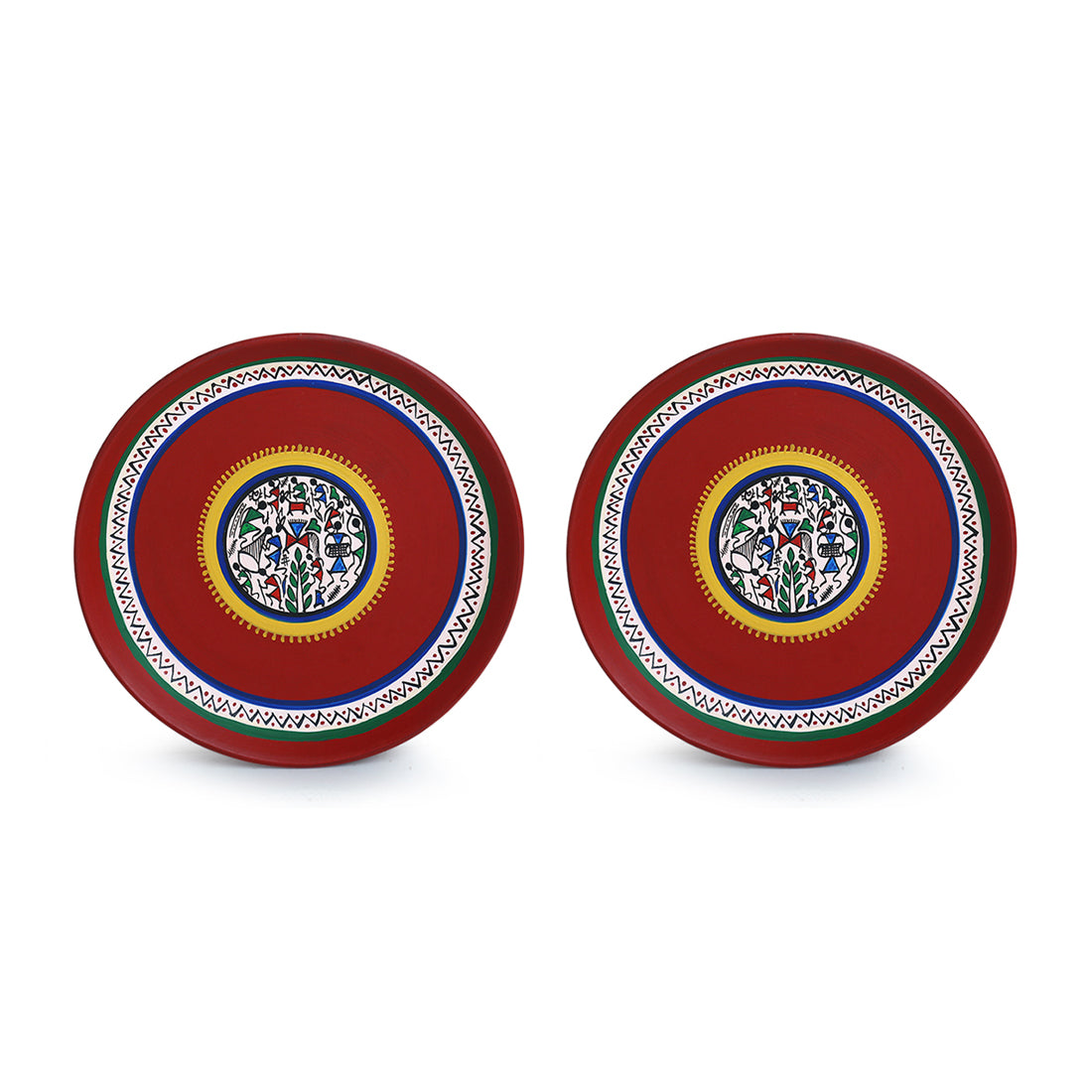EXCLUSIVELANE 'The Warli Tales' Hand Painted Terracotta Wall Plates Wall Décor (8 inch, Set of 2, Red) - view 2