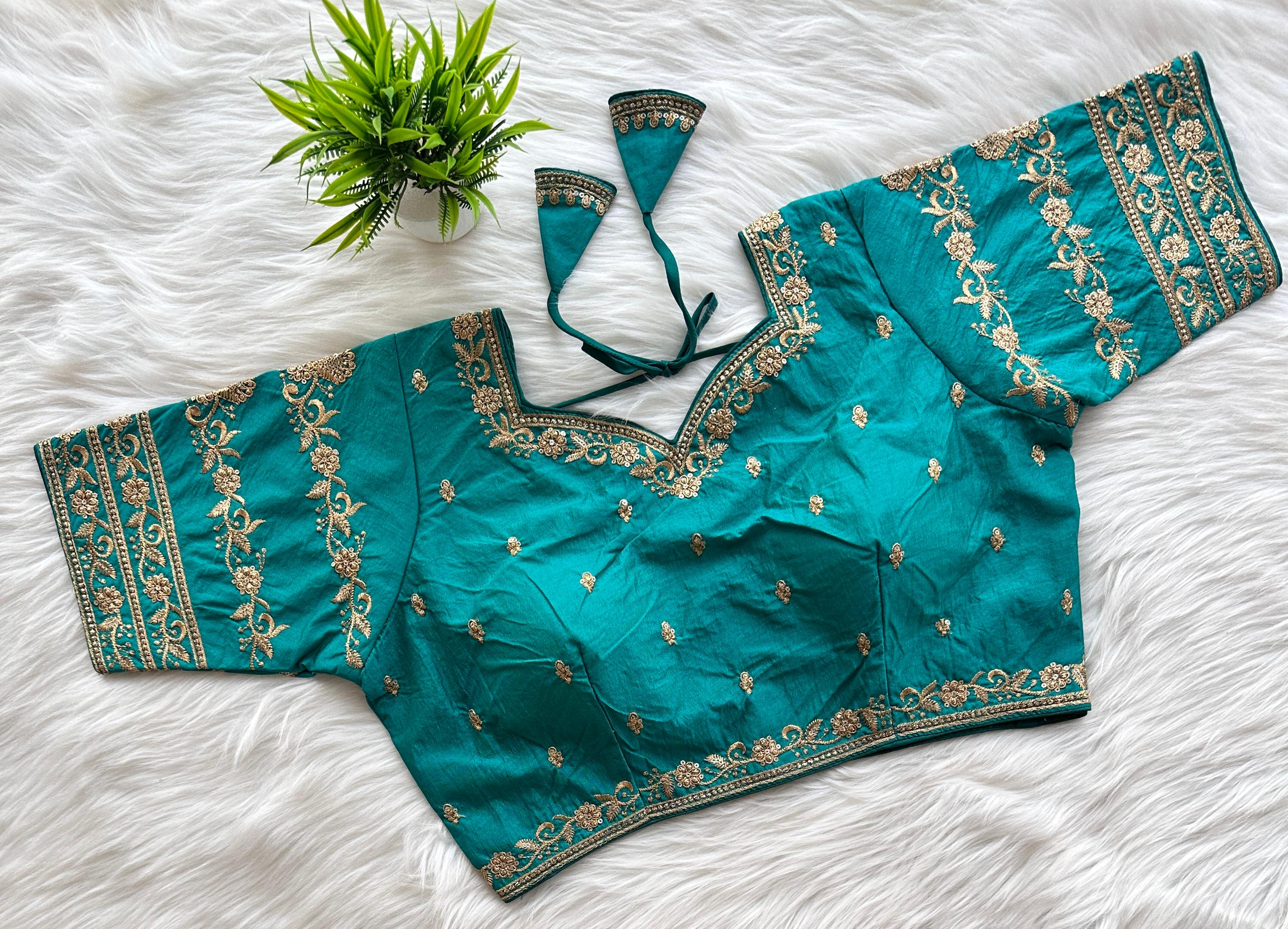 ClothsVilla Sky Blue Rajbhog Silk Embroidered Blouse with Handcrafted Detailing