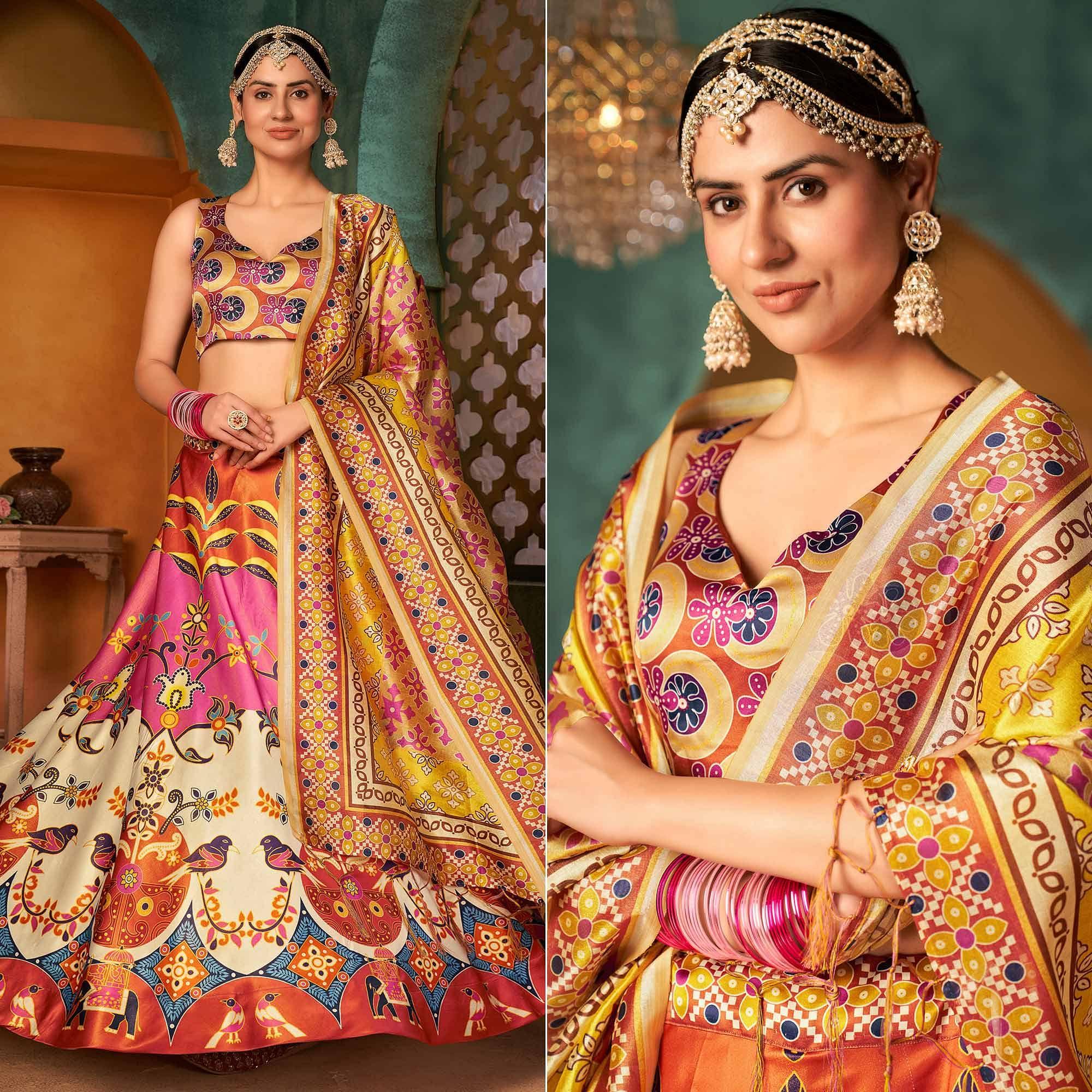 Peachmode Multi Color Printed Pure Silk Lehenga Choli