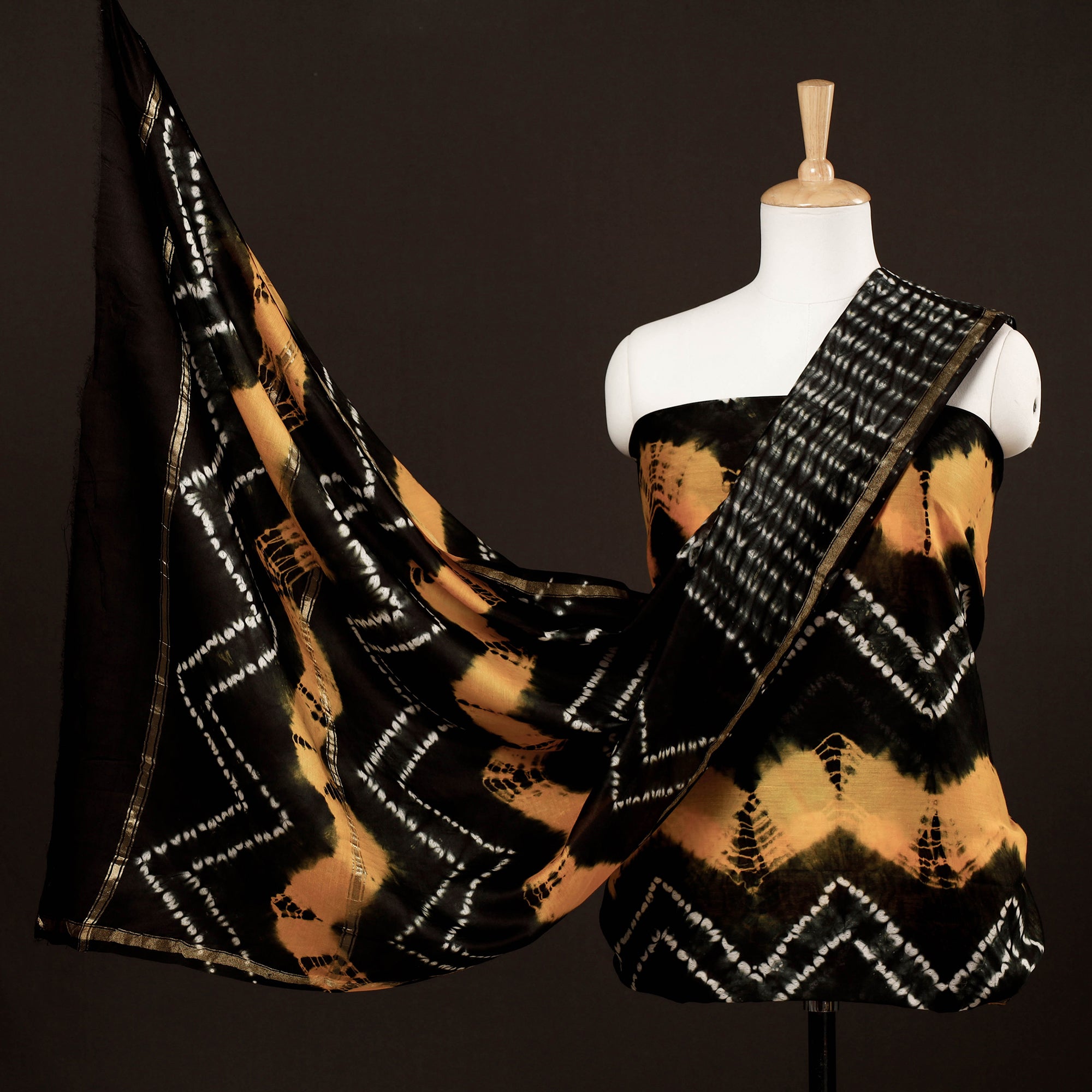 ARTISAN HAND BLOCK PRINTS Black - 3pc White & Yellow Miura Shibori Tie-Dye Chanderi Silk Suit Material Set