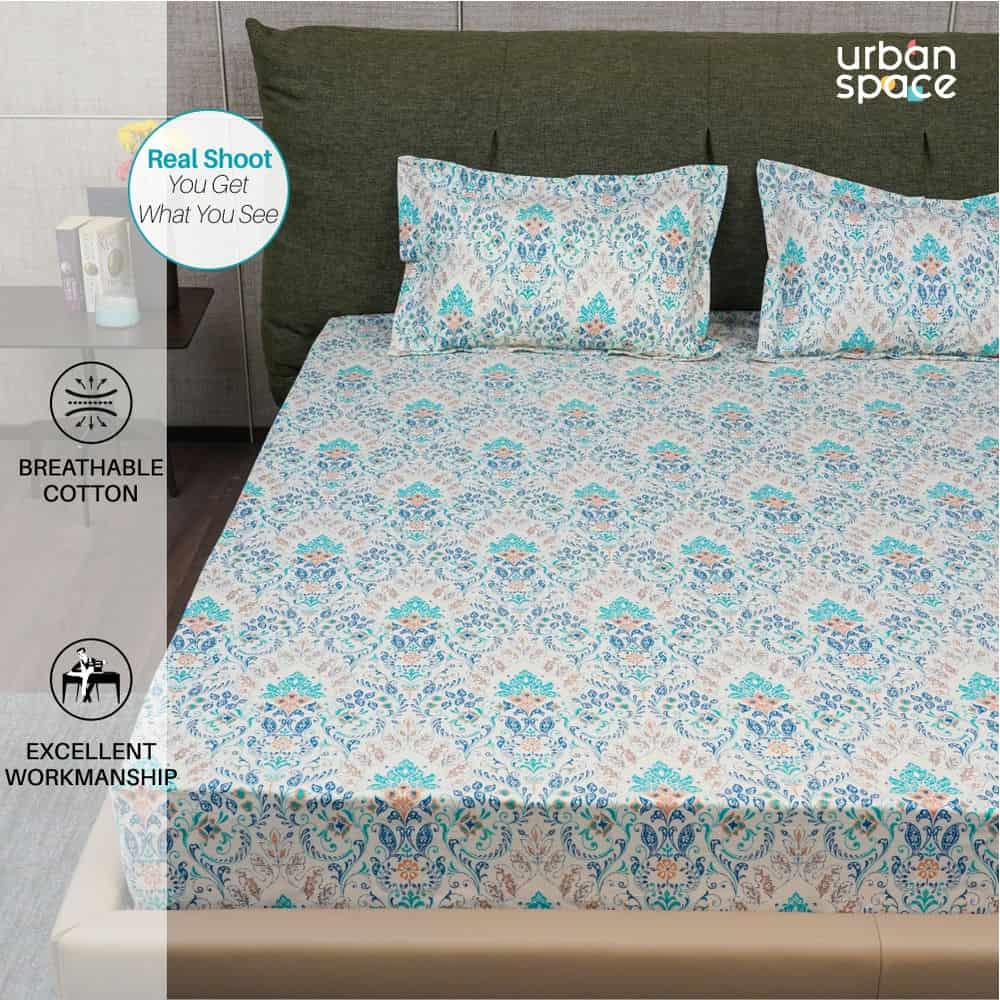 Urban Space -Home Furnishing Store Regal Collection - Breathable 200 TC 100% Pure Cotton Single Bedsheet with Pillow Cover, Mughal Garden - Blue - view 4