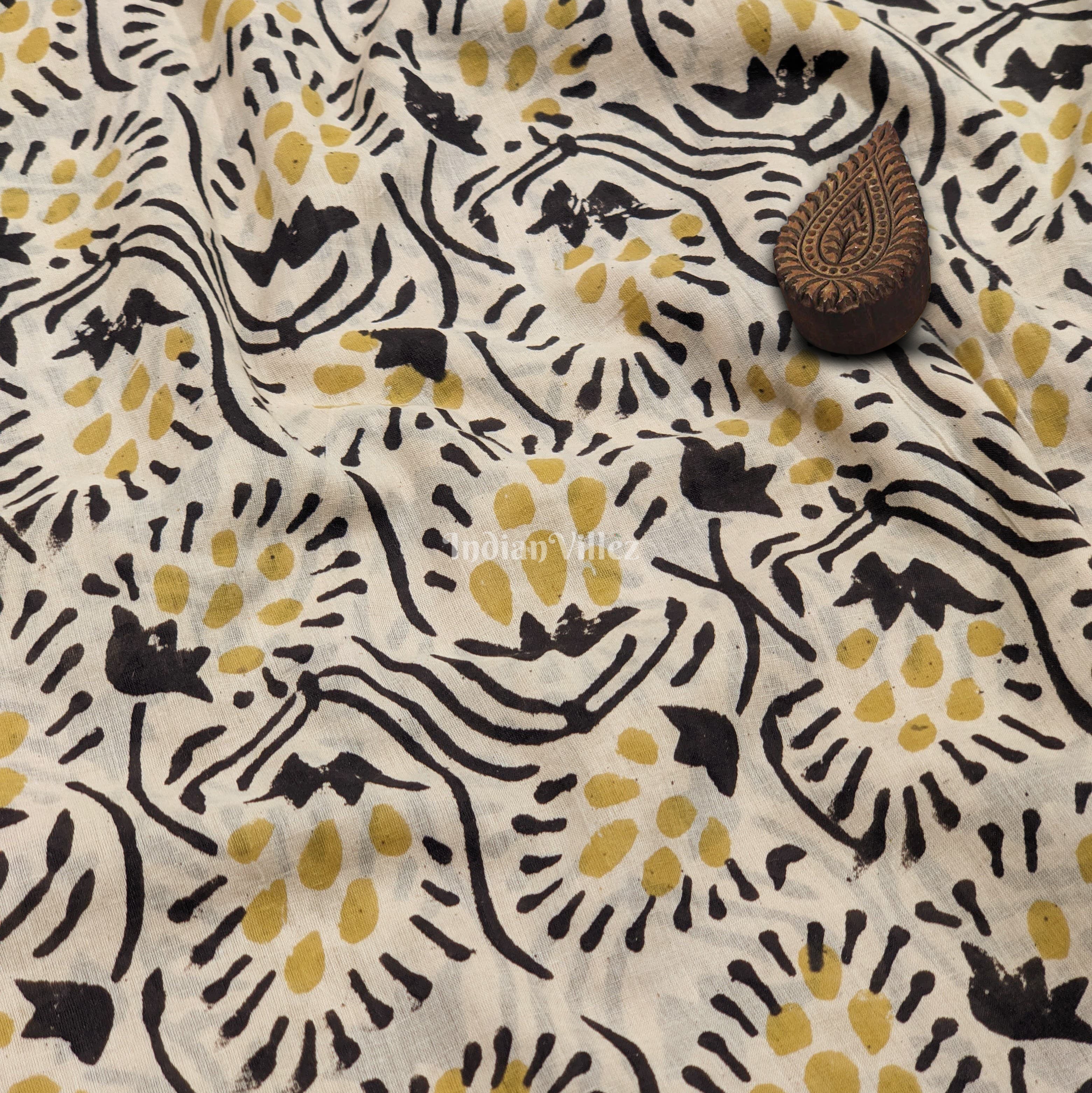IndianVillèz Butter Yellow Floral Hand Block Printed Cotton Fabric
