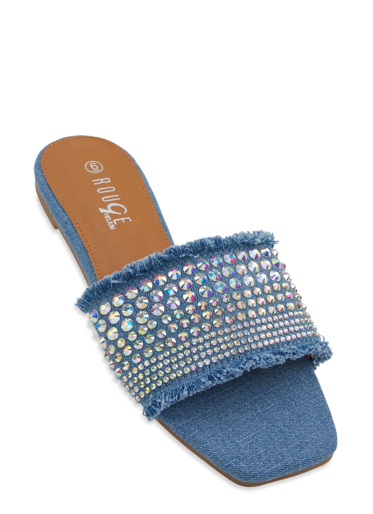 Rainbow Shops Frayed Denim Rhinestone Slide Sandals