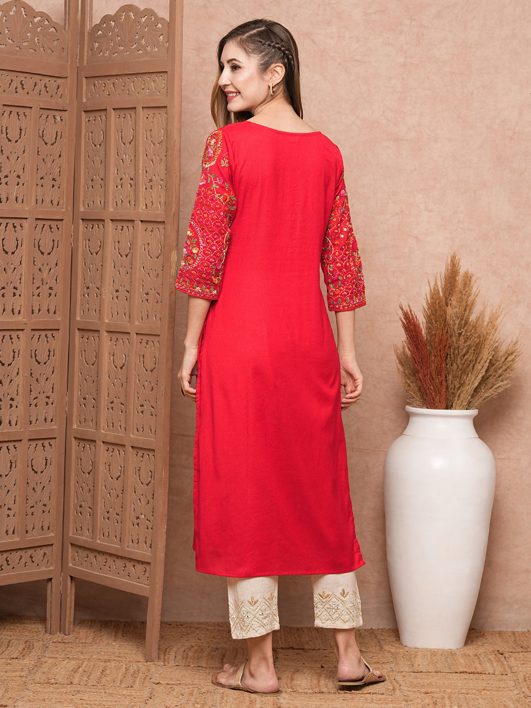 FASHOR Floral Hand Sequin Embroidered Straight Fit Kurta - Red - view 6