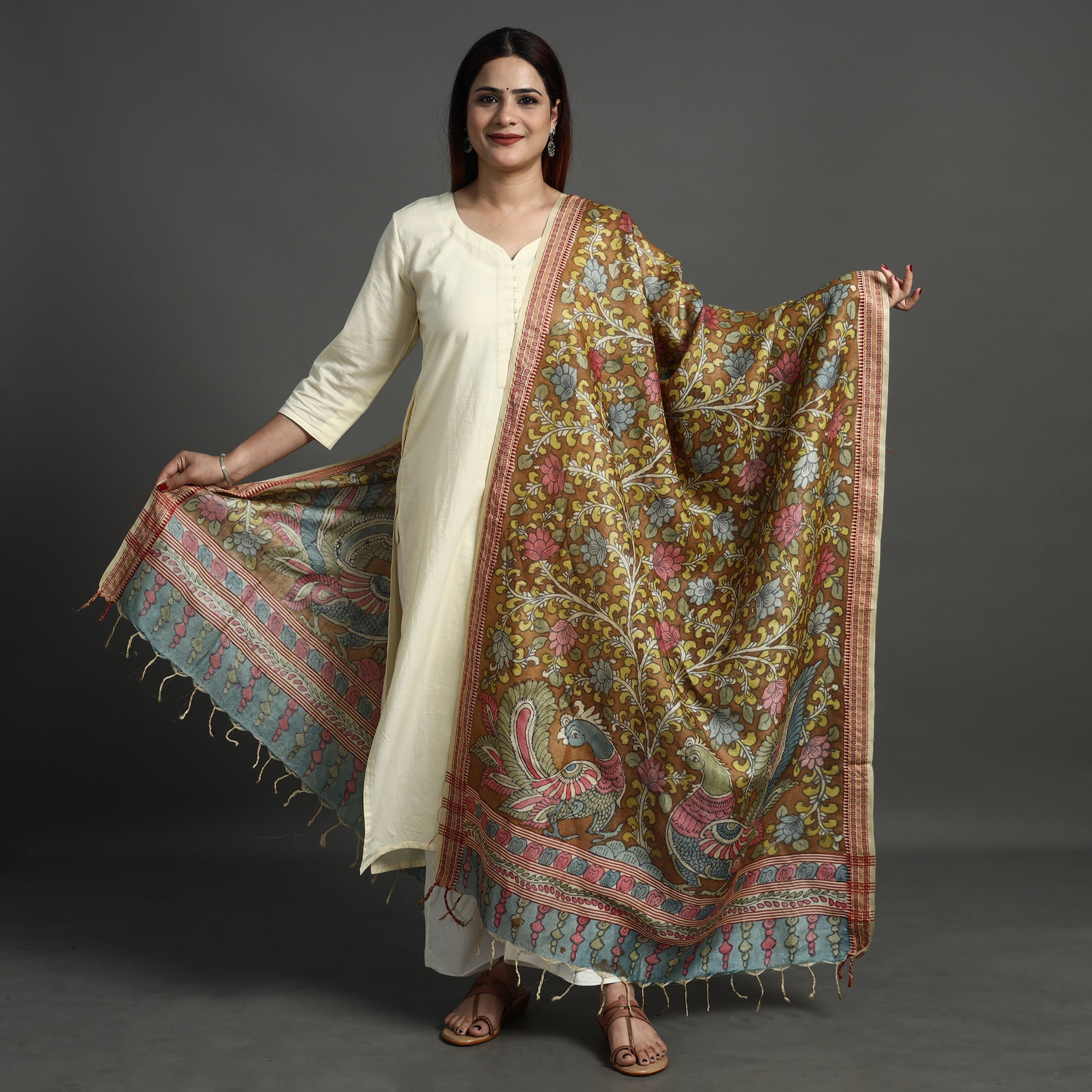 SOUTH KARGHA Brown - Pure Tussar Silk Pen Work Srikalahasti Kalamkari Dupatta with Dobby Border 125